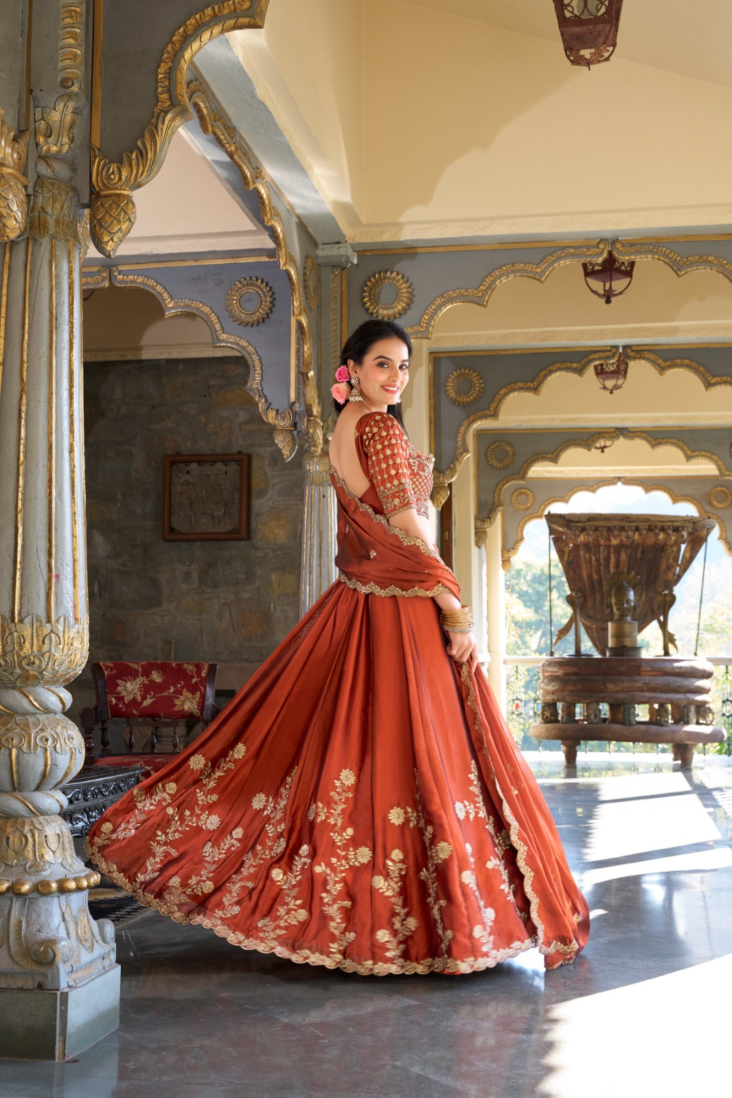 Lorenvalley Orange Rangoli Silk Lehenga choli | Swadesiicart