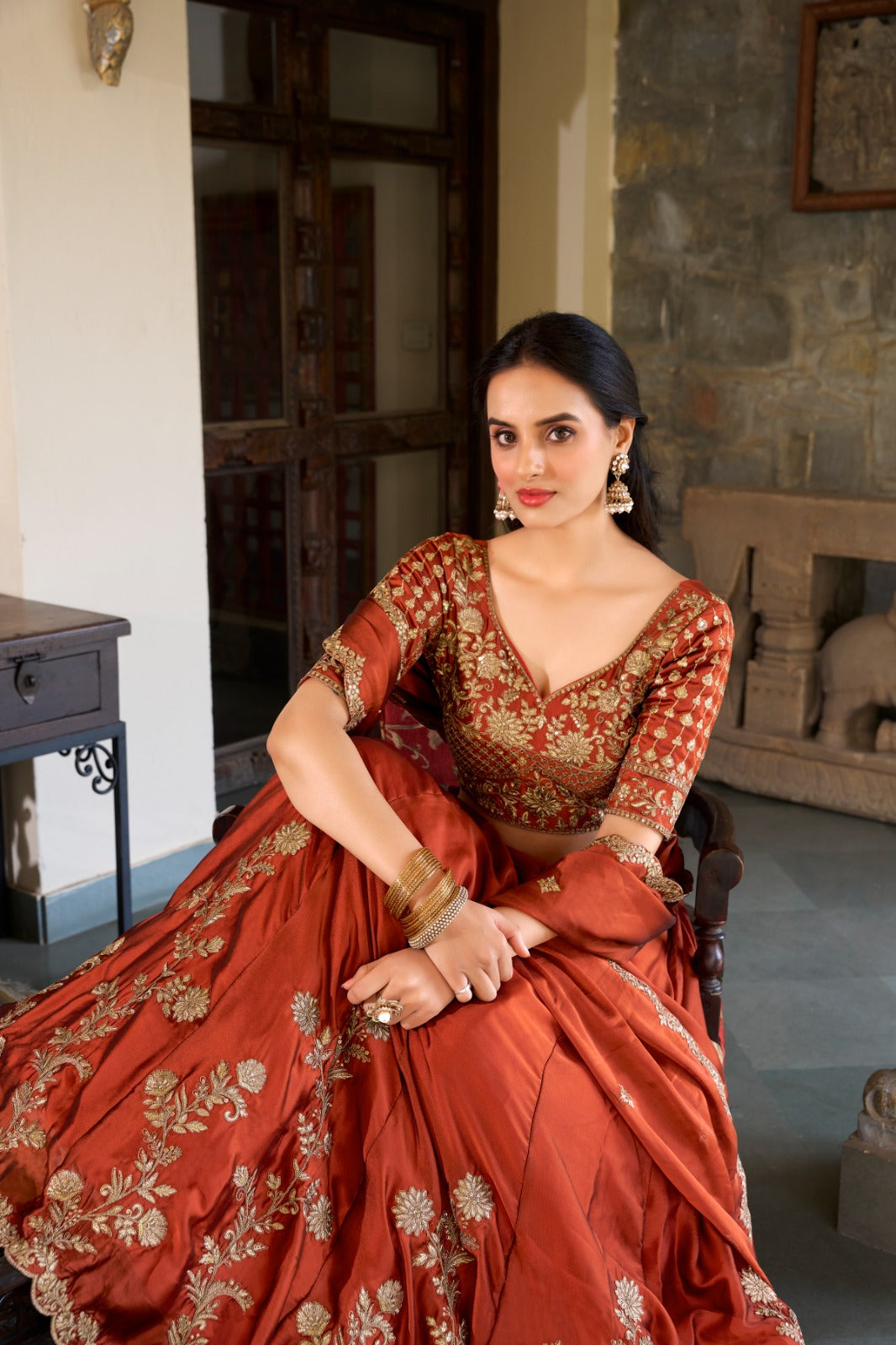 Lorenvalley Orange Rangoli Silk Lehenga choli | Swadesiicart
