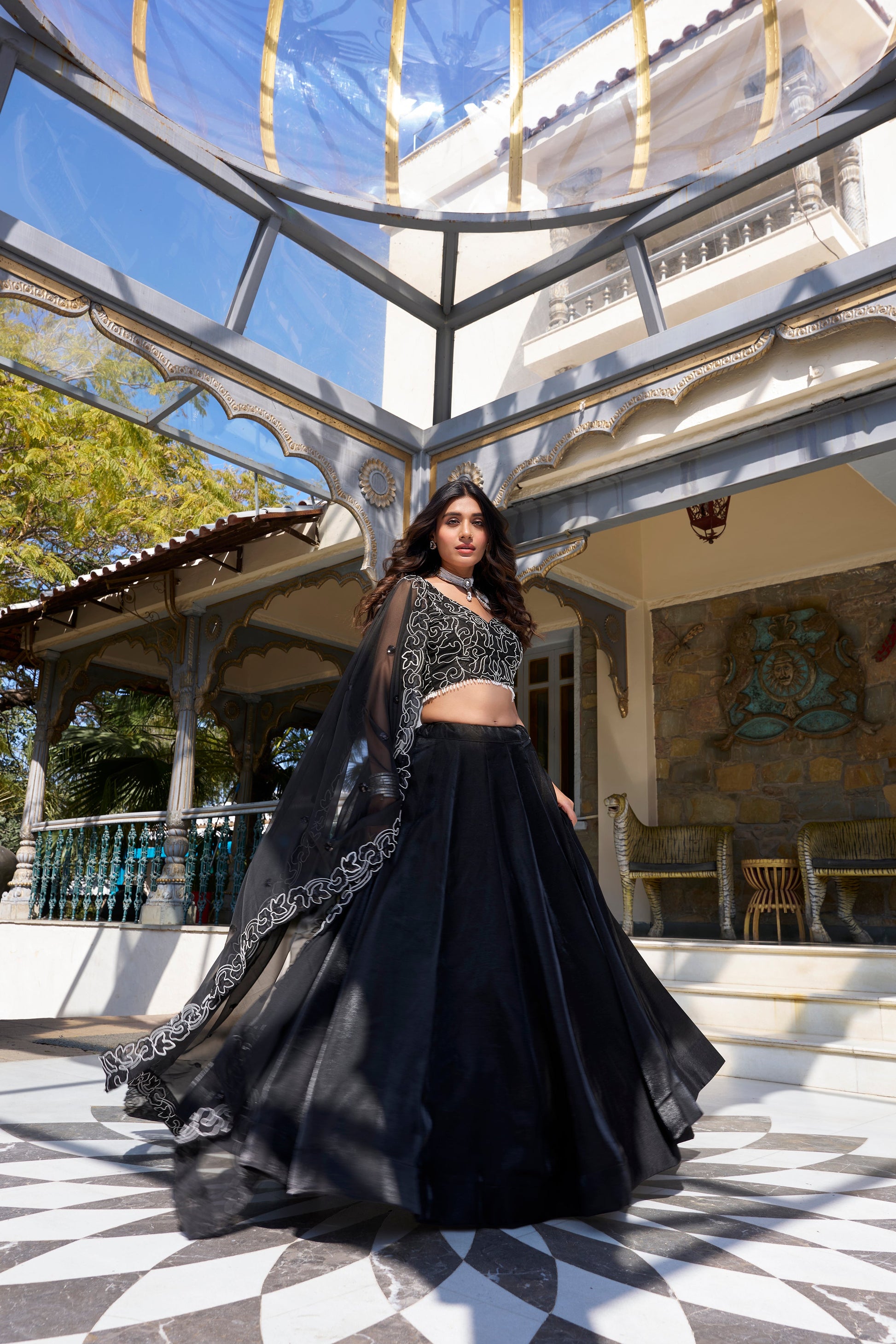 Lorenvalley Black Star Satin Plain Lehenga with Pearl Coding And Sequins Embroidery Work Choli and Dupatta | Swadesiicart