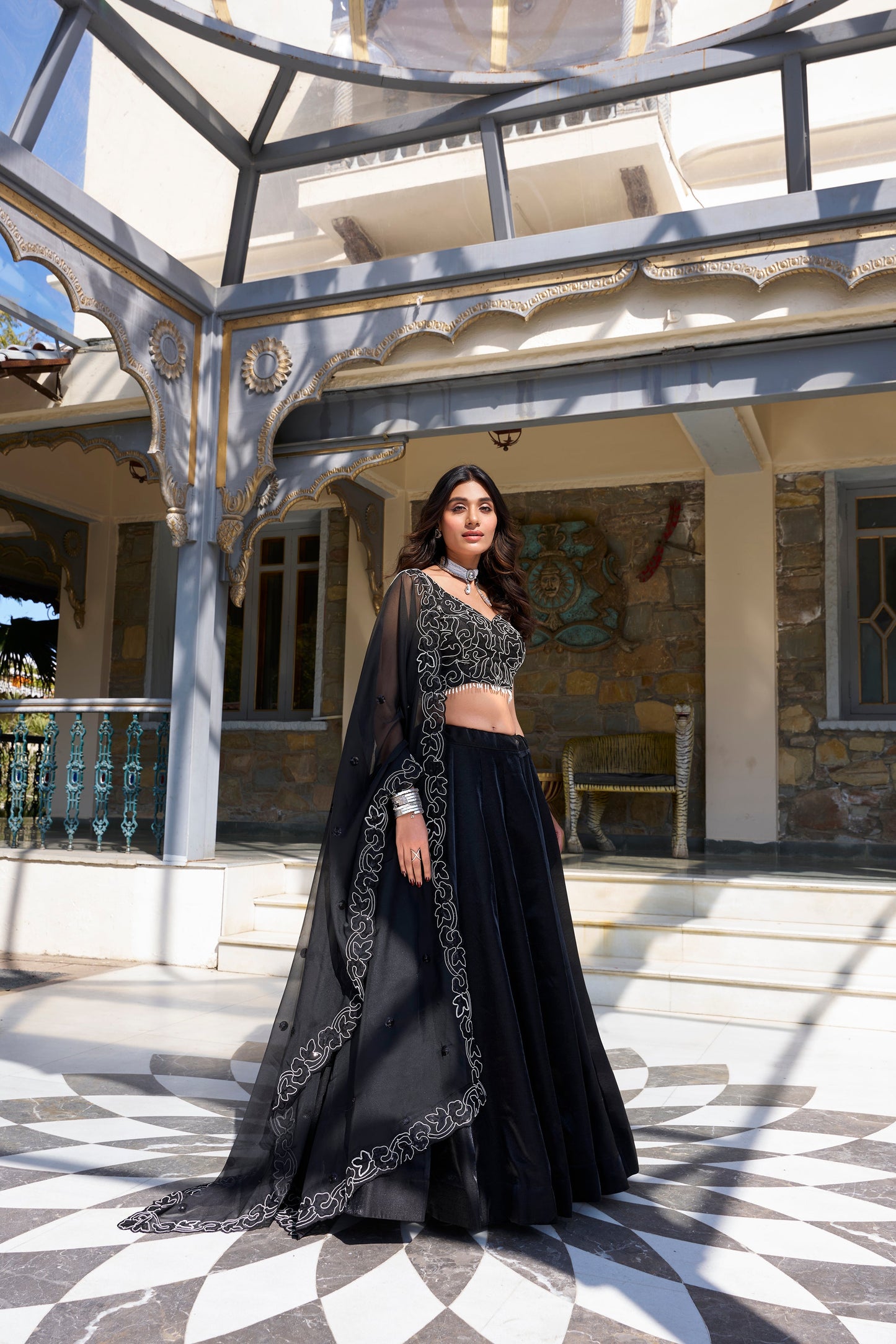 Lorenvalley Black Star Satin Plain Lehenga with Pearl Coding And Sequins Embroidery Work Choli and Dupatta | Swadesiicart
