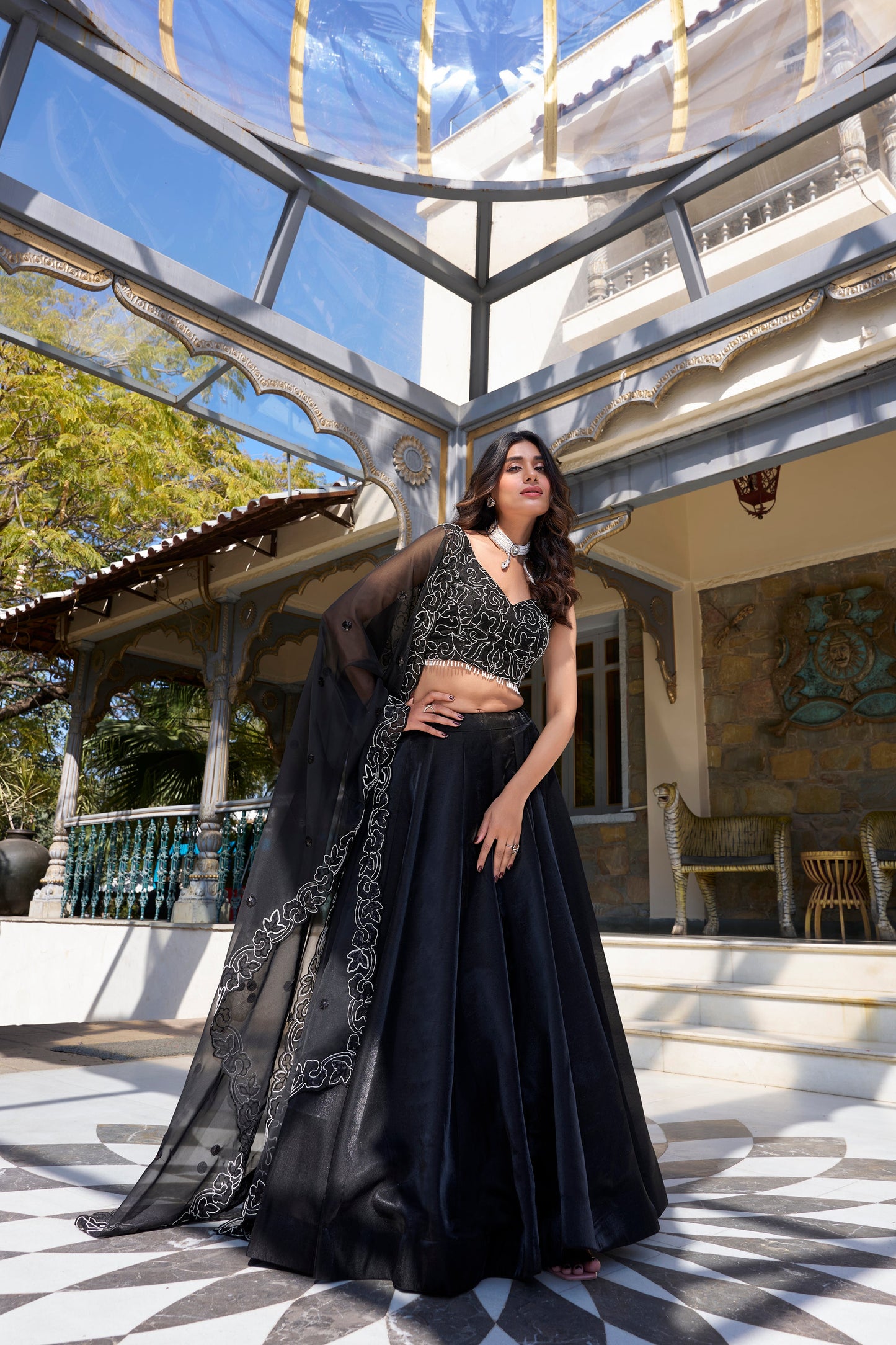 Lorenvalley Black Star Satin Plain Lehenga with Pearl Coding And Sequins Embroidery Work Choli and Dupatta | Swadesiicart