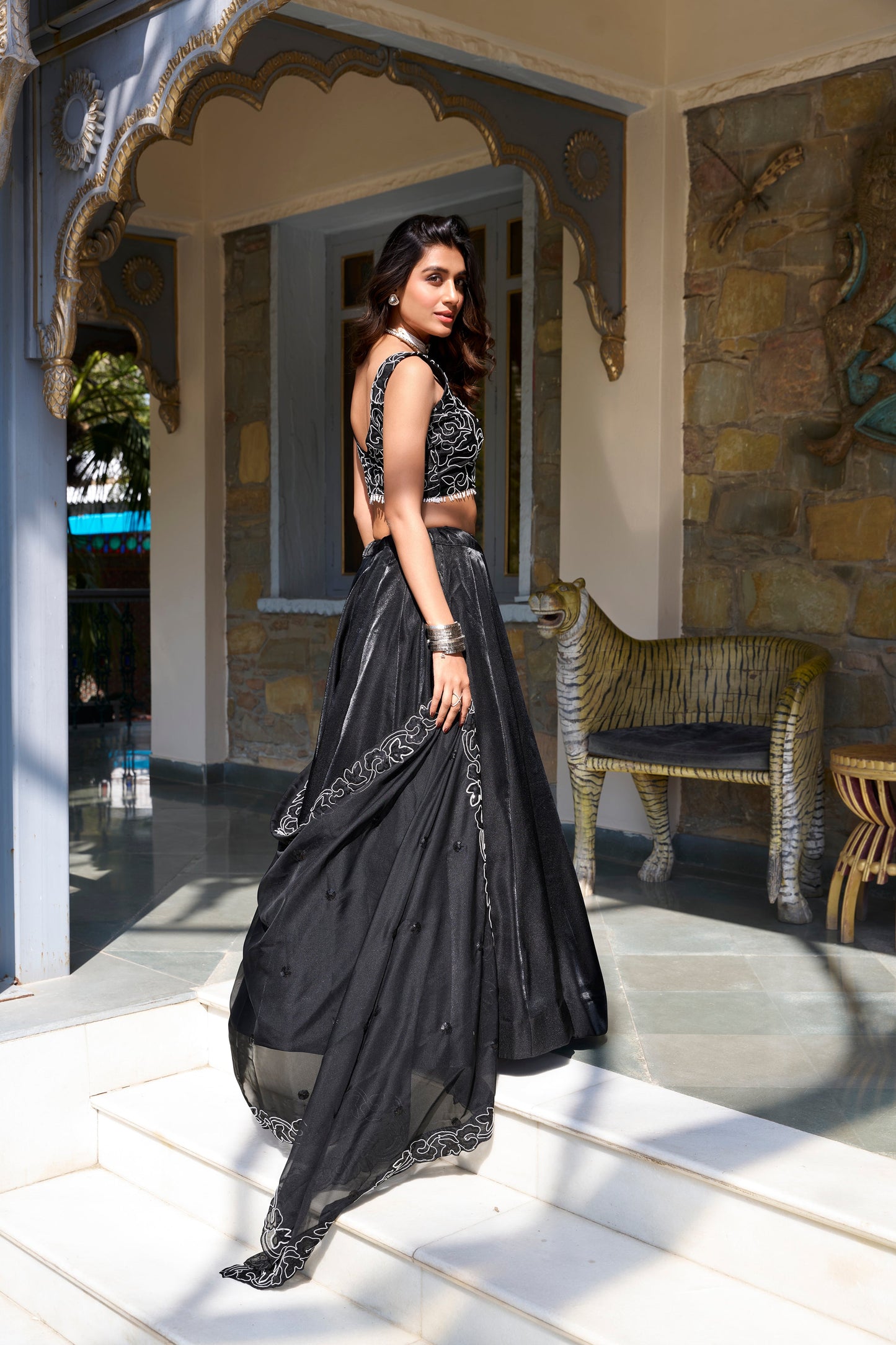 Lorenvalley Black Star Satin Plain Lehenga with Pearl Coding And Sequins Embroidery Work Choli and Dupatta | Swadesiicart
