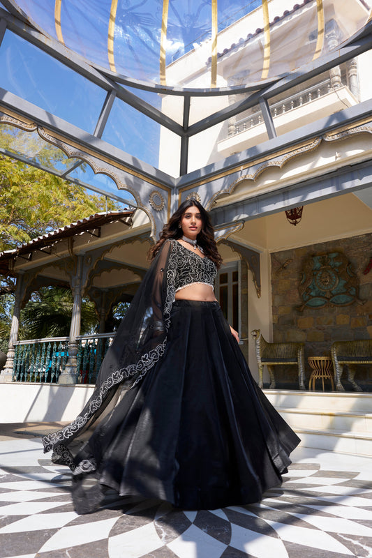 Lorenvalley Black Star Satin Plain Lehenga with Pearl Coding And Sequins Embroidery Work Choli and Dupatta | Swadesiicart