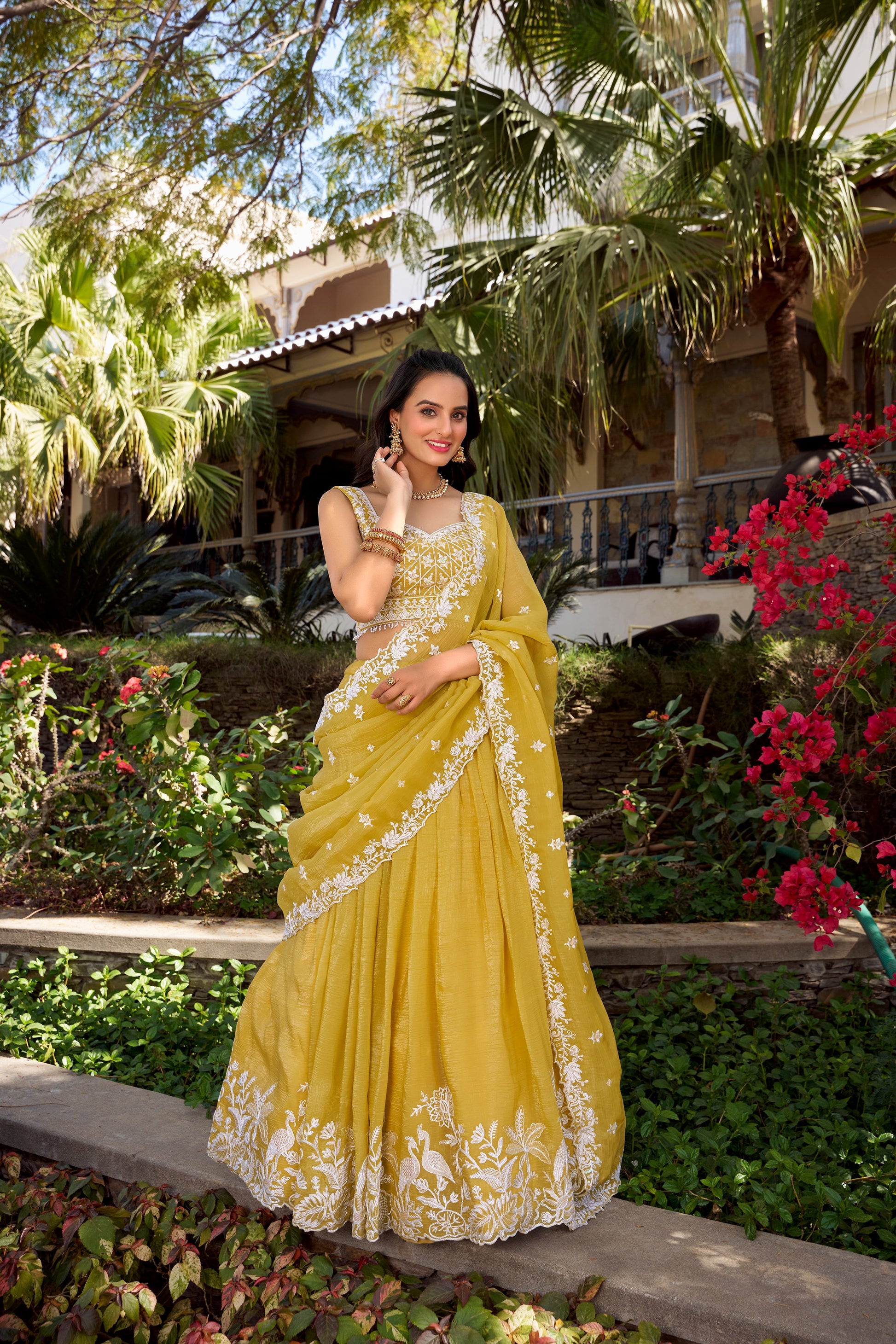 Lorenvalley Yellow Gold Crush Fabric Sequins and Thread Embroidery Work Lehenga Choli | Swadesiicart