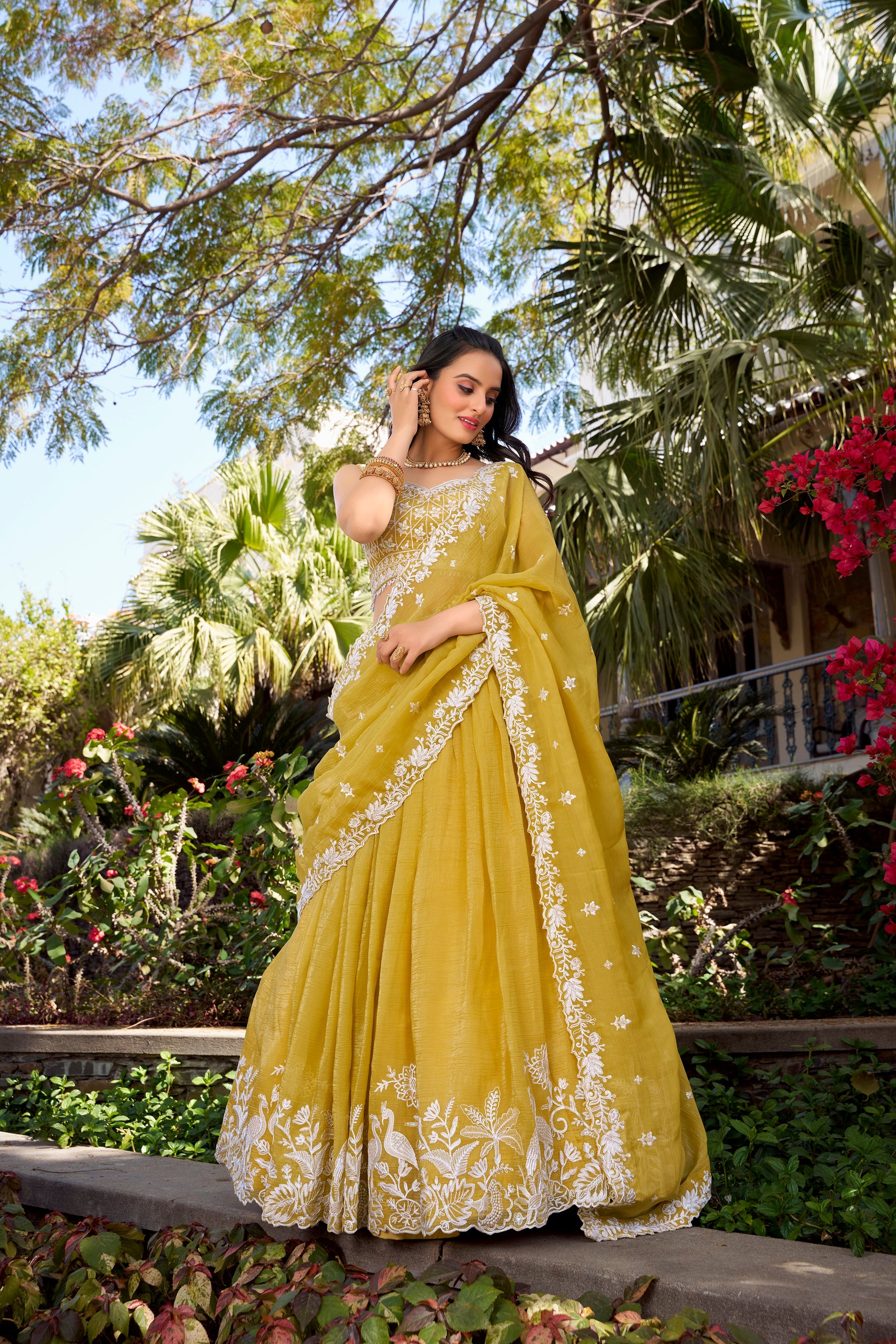 Lorenvalley Yellow Gold Crush Fabric Sequins and Thread Embroidery Work Lehenga Choli | Swadesiicart