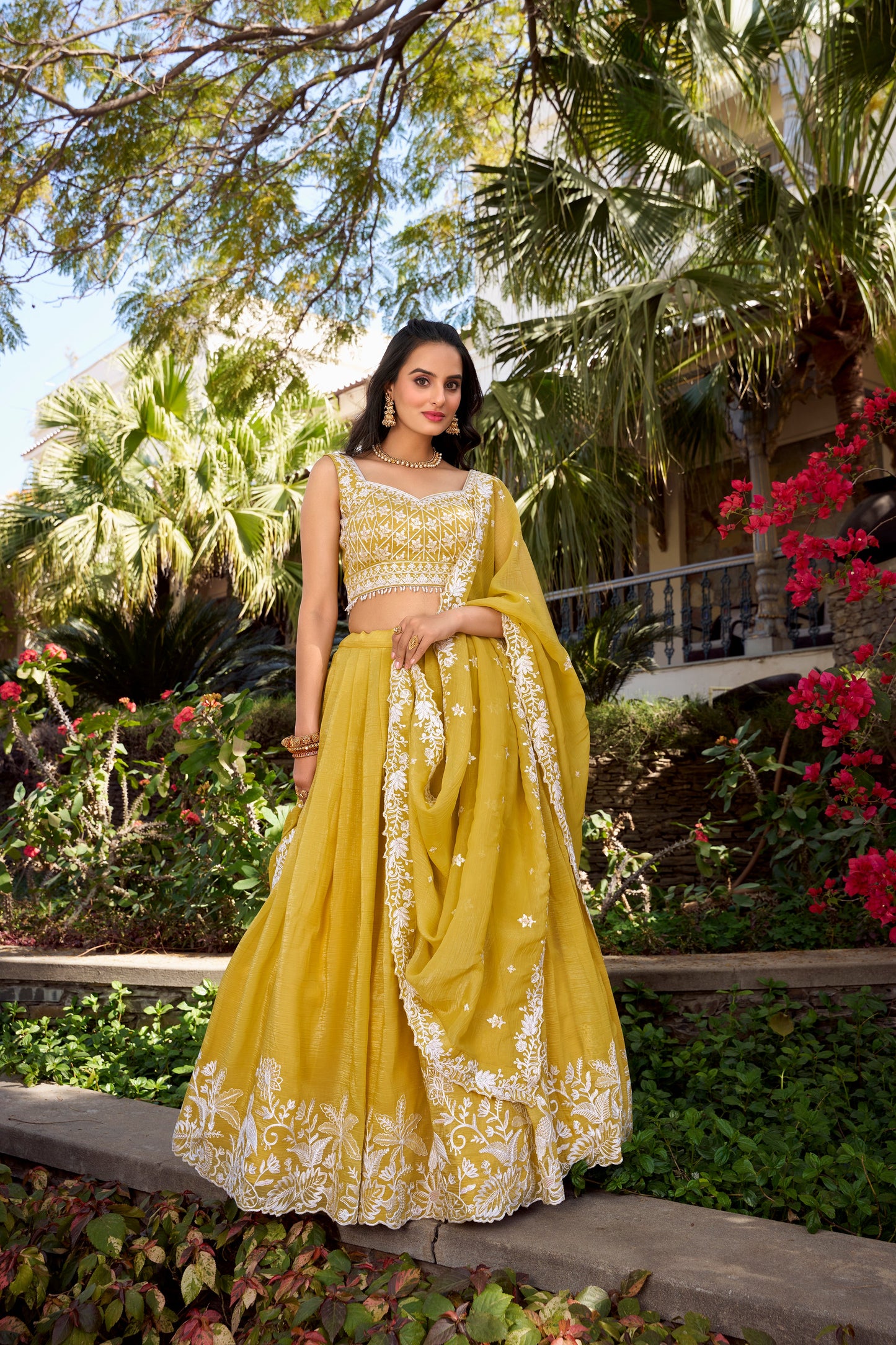 Lorenvalley Yellow Gold Crush Fabric Sequins and Thread Embroidery Work Lehenga Choli | Swadesiicart