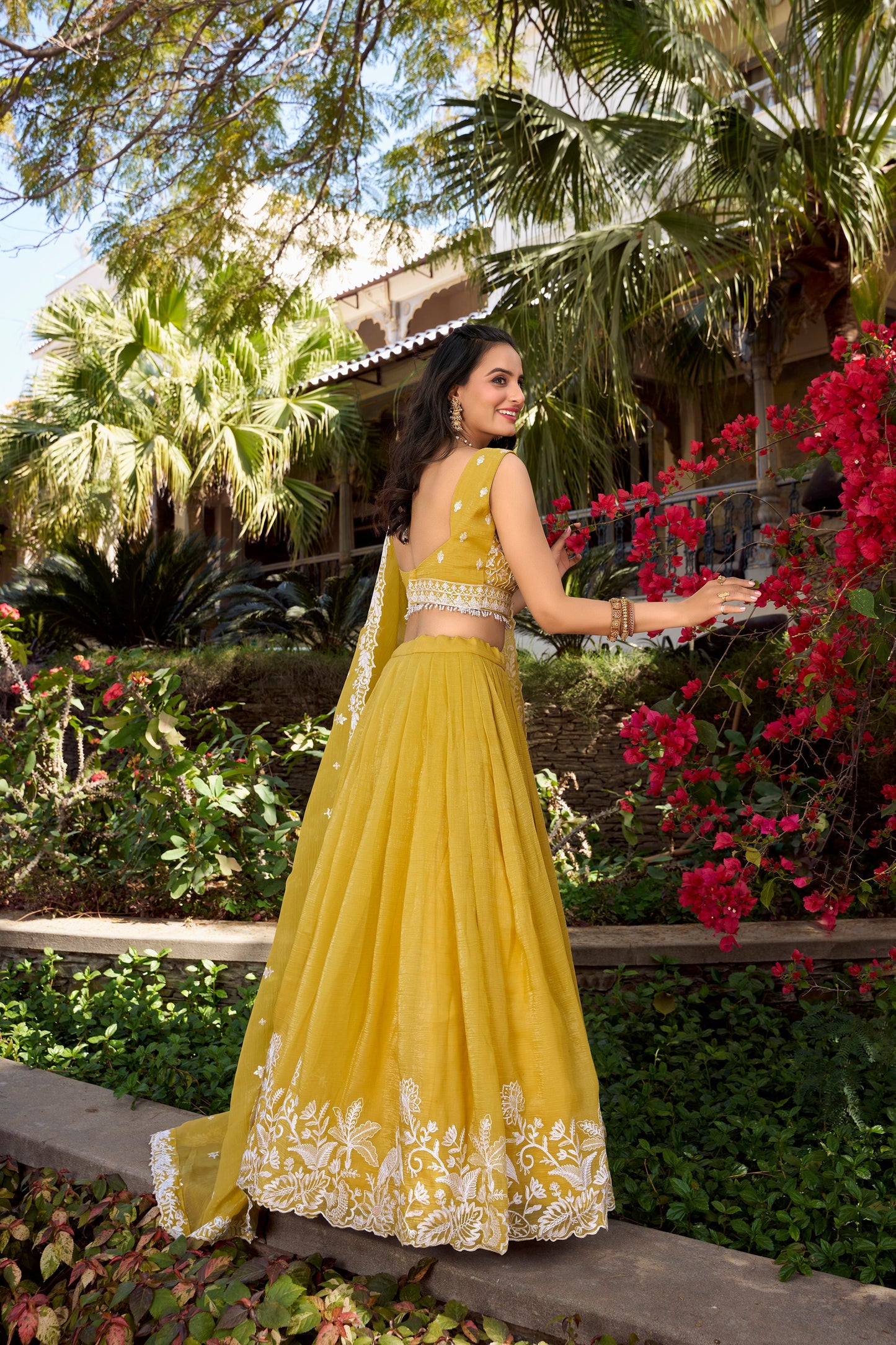 Lorenvalley Yellow Gold Crush Fabric Sequins and Thread Embroidery Work Lehenga Choli | Swadesiicart