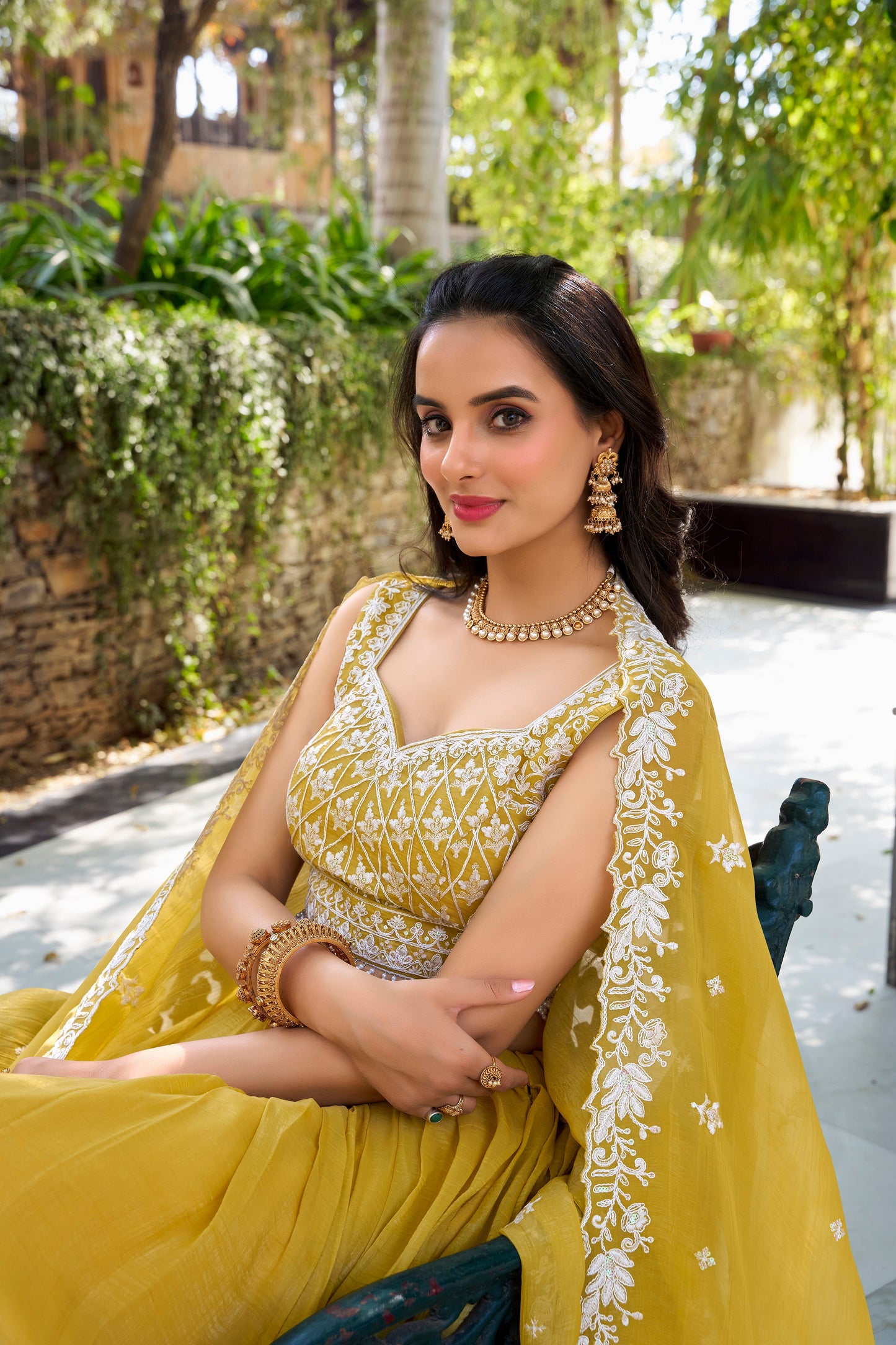 Lorenvalley Yellow Gold Crush Fabric Sequins and Thread Embroidery Work Lehenga Choli | Swadesiicart