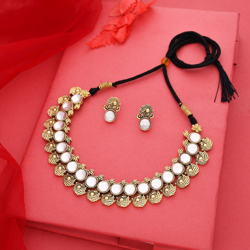 Tehzeeb Creations White Colour Gold-Polished Stone Jewellery Choker Necklace Set With Matching Pair of Stud Earrings - Swadesiicart