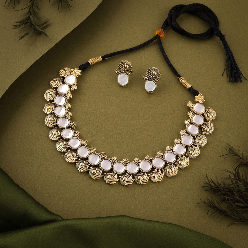 Tehzeeb Creations White Colour Gold-Polished Stone Jewellery Choker Necklace Set With Matching Pair of Stud Earrings - Swadesiicart