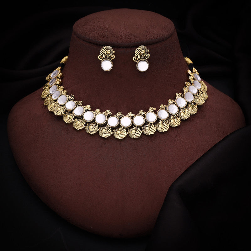 Tehzeeb Creations White Colour Gold-Polished Stone Jewellery Choker Necklace Set With Matching Pair of Stud Earrings - Swadesiicart