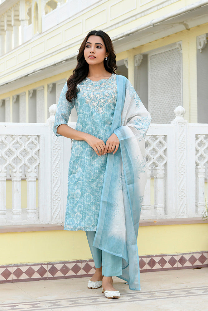 Vaasva Women Blue Tissue Linen Embroidered Solid Kurta Set With Solid Pants & Printed Dupatta | Swadesiicart