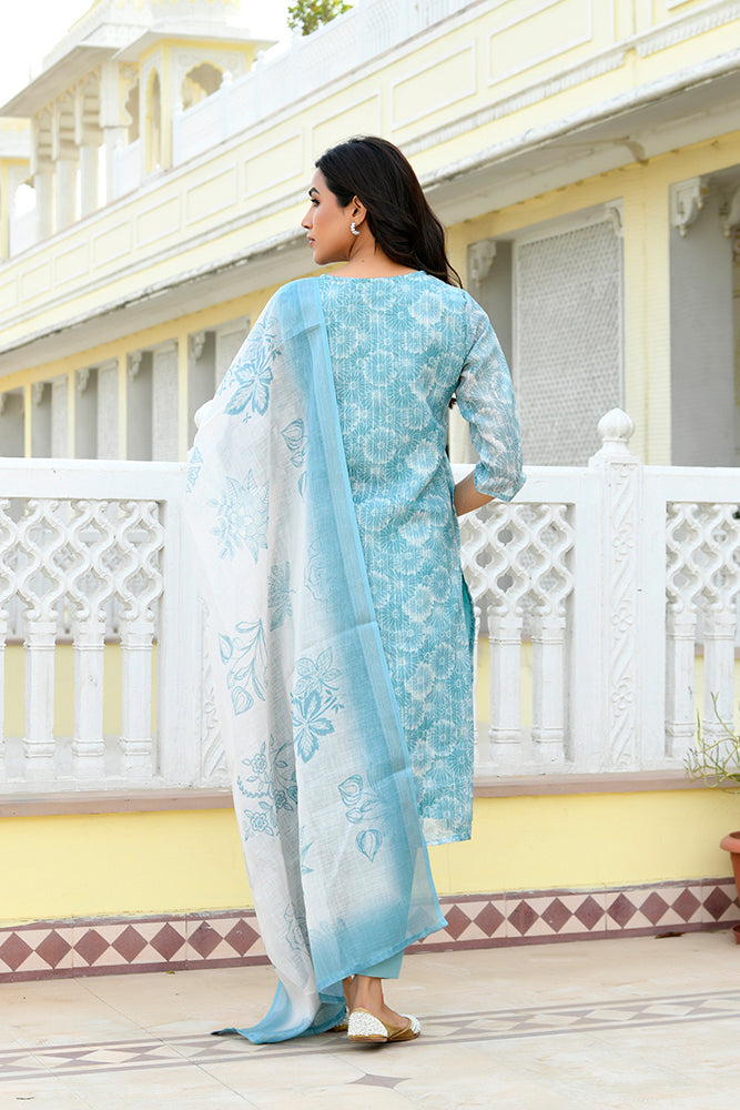 Vaasva Women Blue Tissue Linen Embroidered Solid Kurta Set With Solid Pants & Printed Dupatta | Swadesiicart