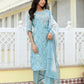 Vaasva Women Blue Tissue Linen Embroidered Solid Kurta Set With Solid Pants & Printed Dupatta | Swadesiicart