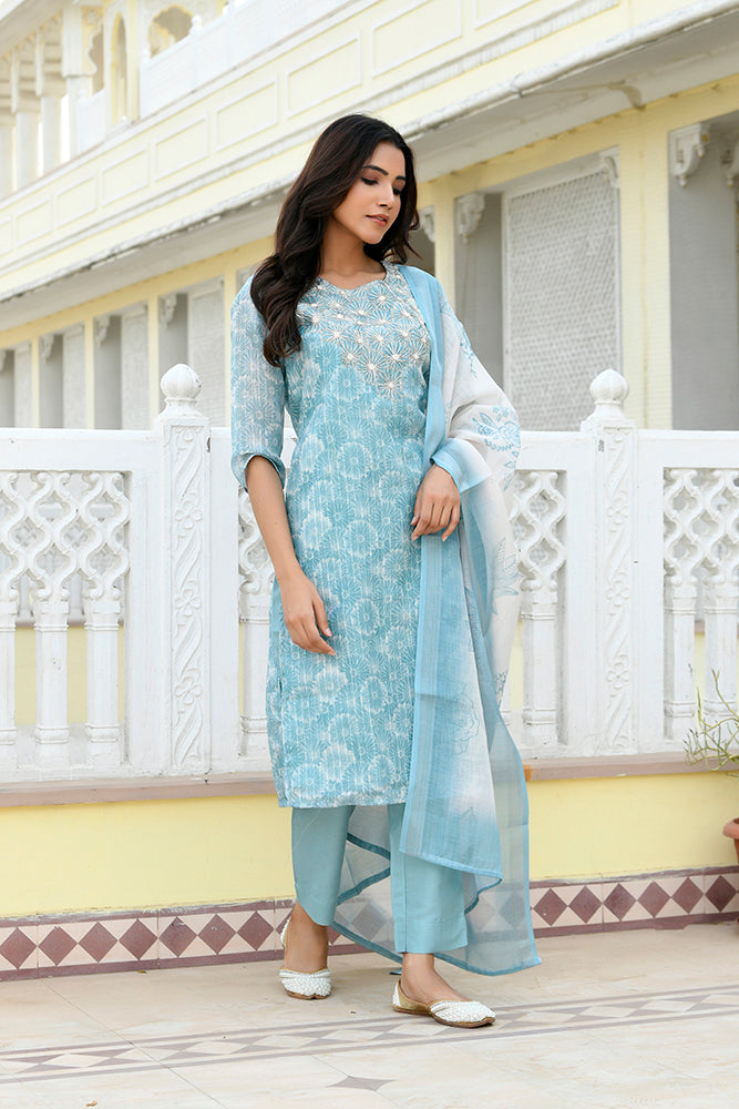 Vaasva Women Blue Tissue Linen Embroidered Solid Kurta Set With Solid Pants & Printed Dupatta | Swadesiicart