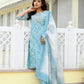 Vaasva Women Blue Tissue Linen Embroidered Solid Kurta Set With Solid Pants & Printed Dupatta | Swadesiicart