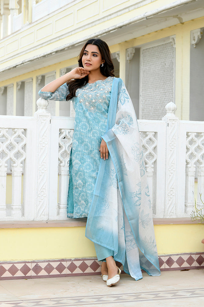 Vaasva Women Blue Tissue Linen Embroidered Solid Kurta Set With Solid Pants & Printed Dupatta | Swadesiicart