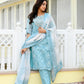 Vaasva Women Blue Tissue Linen Embroidered Solid Kurta Set With Solid Pants & Printed Dupatta | Swadesiicart