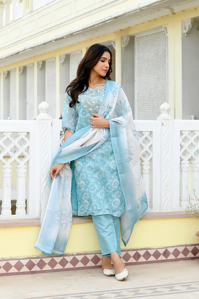 Vaasva Women Blue Tissue Linen Embroidered Solid Kurta Set With Solid Pants & Printed Dupatta | Swadesiicart