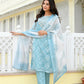 Vaasva Women Blue Tissue Linen Embroidered Solid Kurta Set With Solid Pants & Printed Dupatta | Swadesiicart
