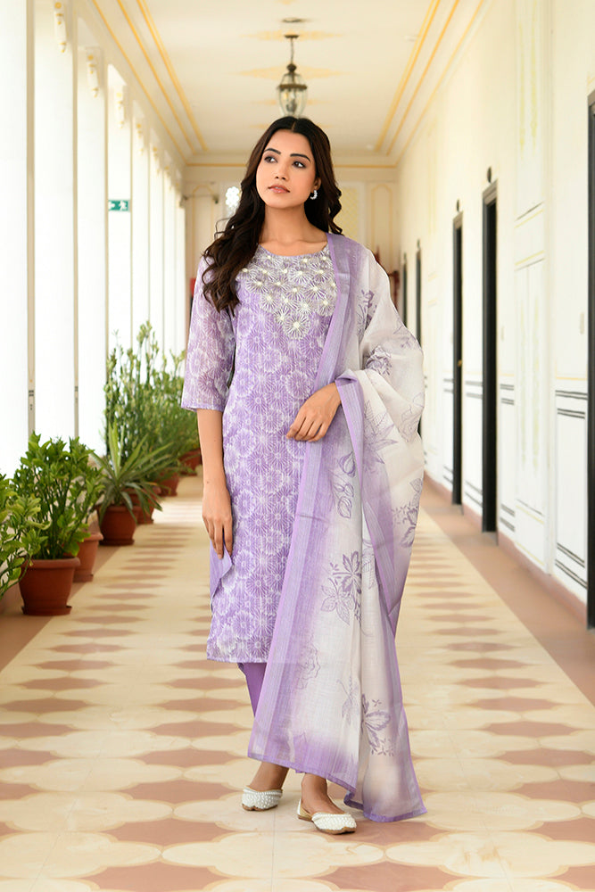 Vaasva Women Lavender Tissue Linen Embroidered Solid Kurta Set With Solid Pants & Printed Dupatta | Swadesiicart