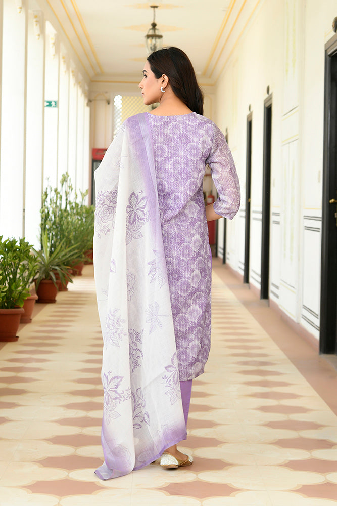 Vaasva Women Lavender Tissue Linen Embroidered Solid Kurta Set With Solid Pants & Printed Dupatta | Swadesiicart
