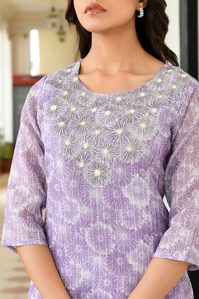 Vaasva Women Lavender Tissue Linen Embroidered Solid Kurta Set With Solid Pants & Printed Dupatta | Swadesiicart