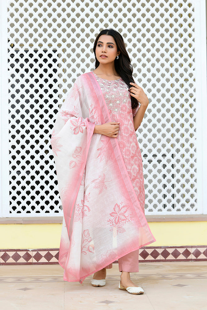 Vaasva Women Pink Tissue Linen Embroidered Solid Kurta Set With Solid Pants & Printed Dupatta | Swadesiicart