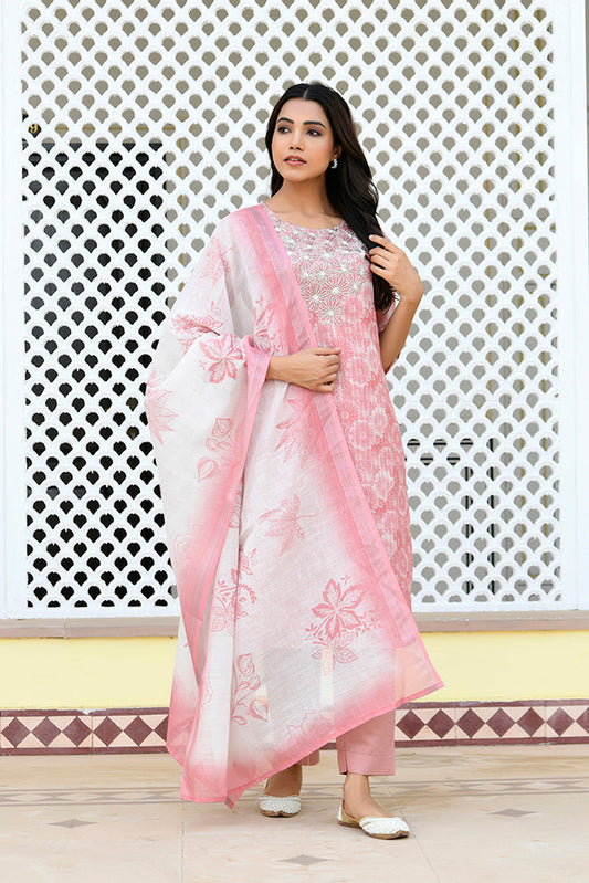 Vaasva Women Pink Tissue Linen Embroidered Solid Kurta Set With Solid Pants & Printed Dupatta | Swadesiicart