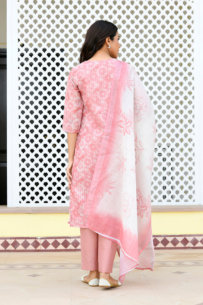 Vaasva Women Pink Tissue Linen Embroidered Solid Kurta Set With Solid Pants & Printed Dupatta | Swadesiicart