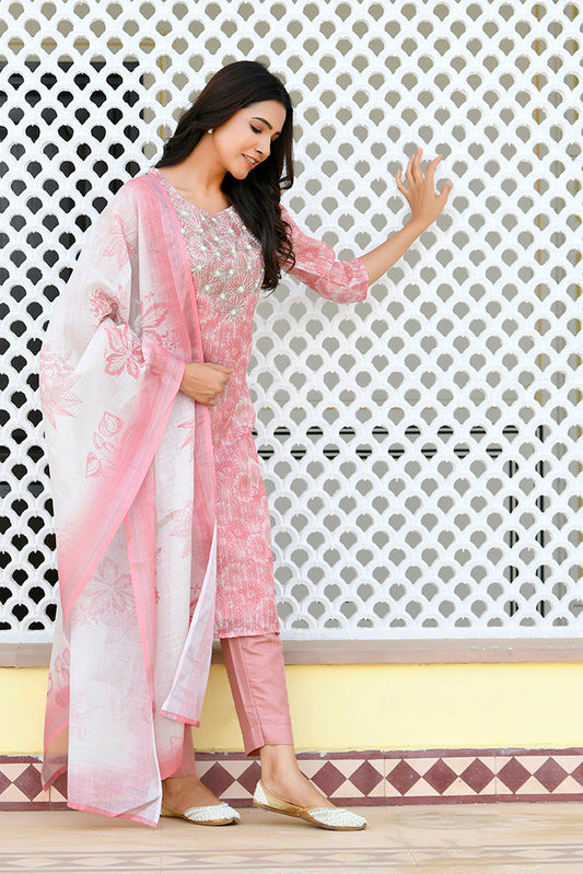 Vaasva Women Pink Tissue Linen Embroidered Solid Kurta Set With Solid Pants & Printed Dupatta | Swadesiicart