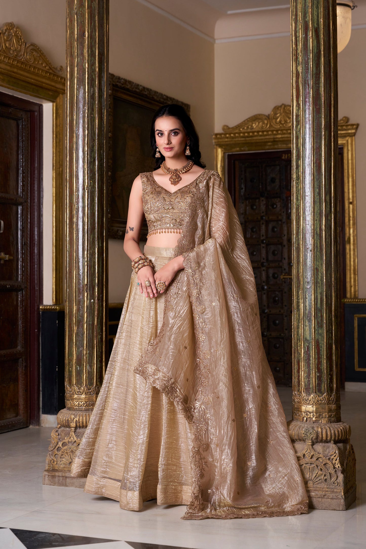 Lorenvalley Chiku Gold Crush Plain Lehenga Choli Embroidery Work with Dupatta | Swadesiicart