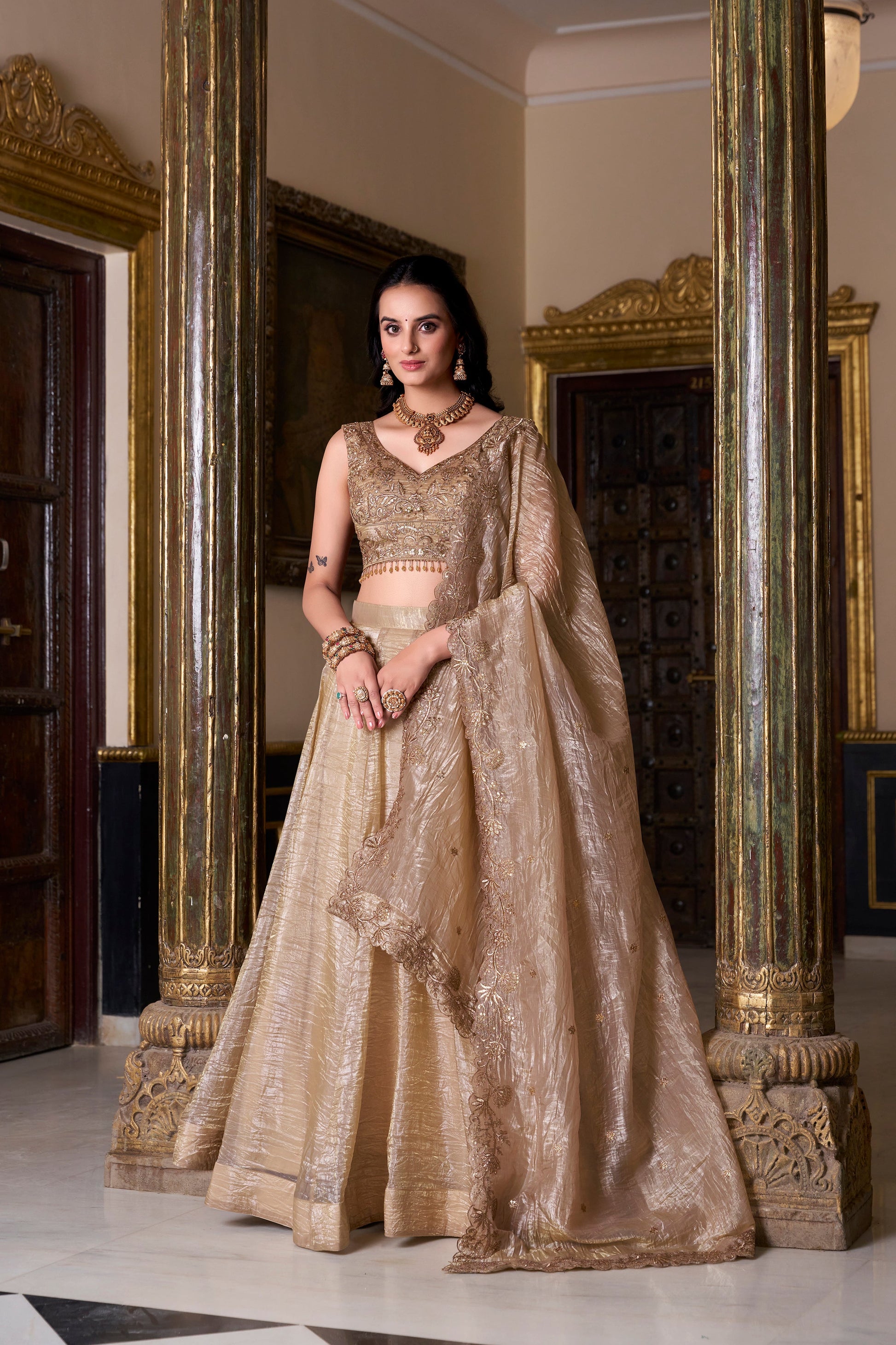 Lorenvalley Chiku Gold Crush Plain Lehenga Choli Embroidery Work with Dupatta | Swadesiicart