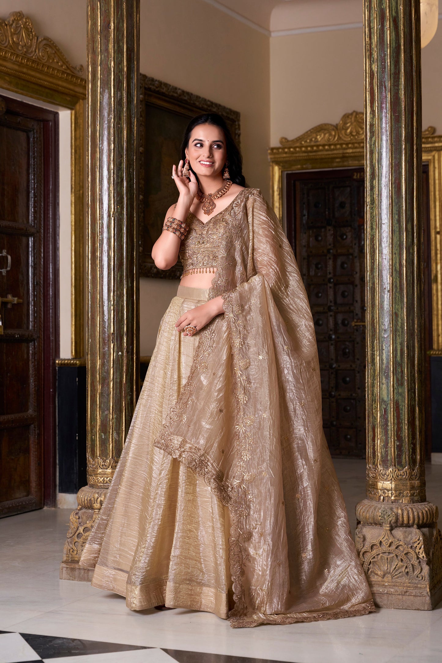 Lorenvalley Chiku Gold Crush Plain Lehenga Choli Embroidery Work with Dupatta | Swadesiicart