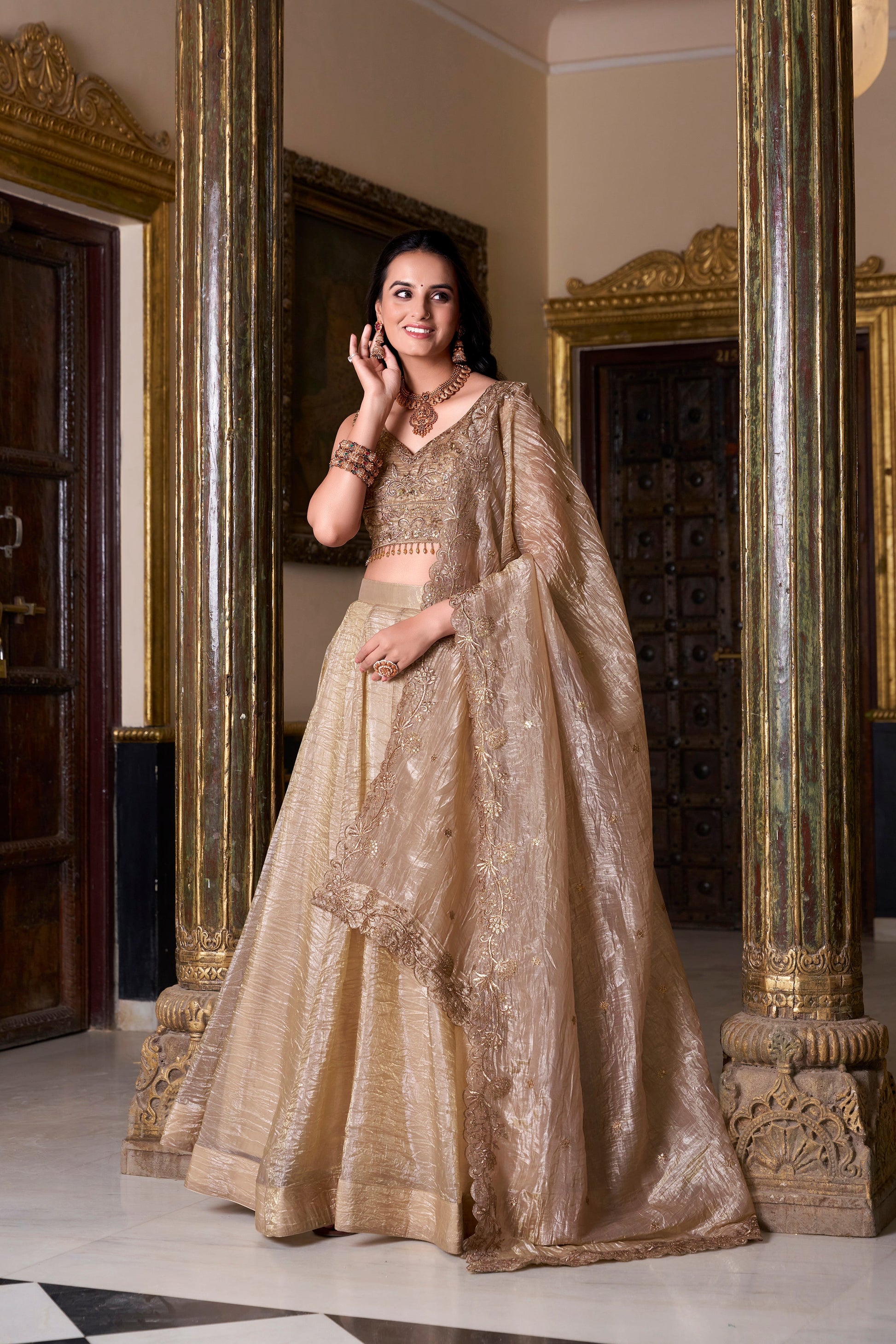 Lorenvalley Chiku Gold Crush Plain Lehenga Choli Embroidery Work with Dupatta | Swadesiicart