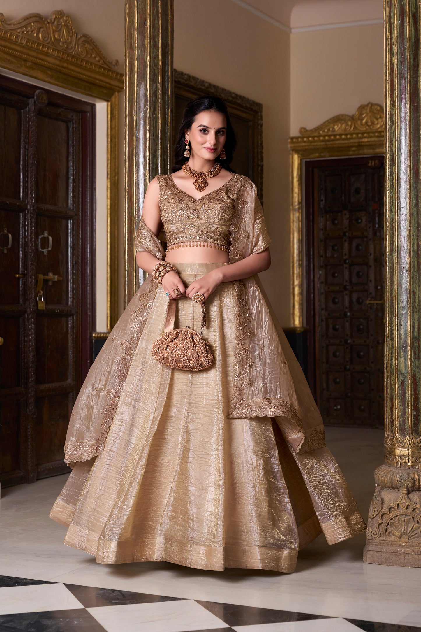 Lorenvalley Chiku Gold Crush Plain Lehenga Choli Embroidery Work with Dupatta | Swadesiicart