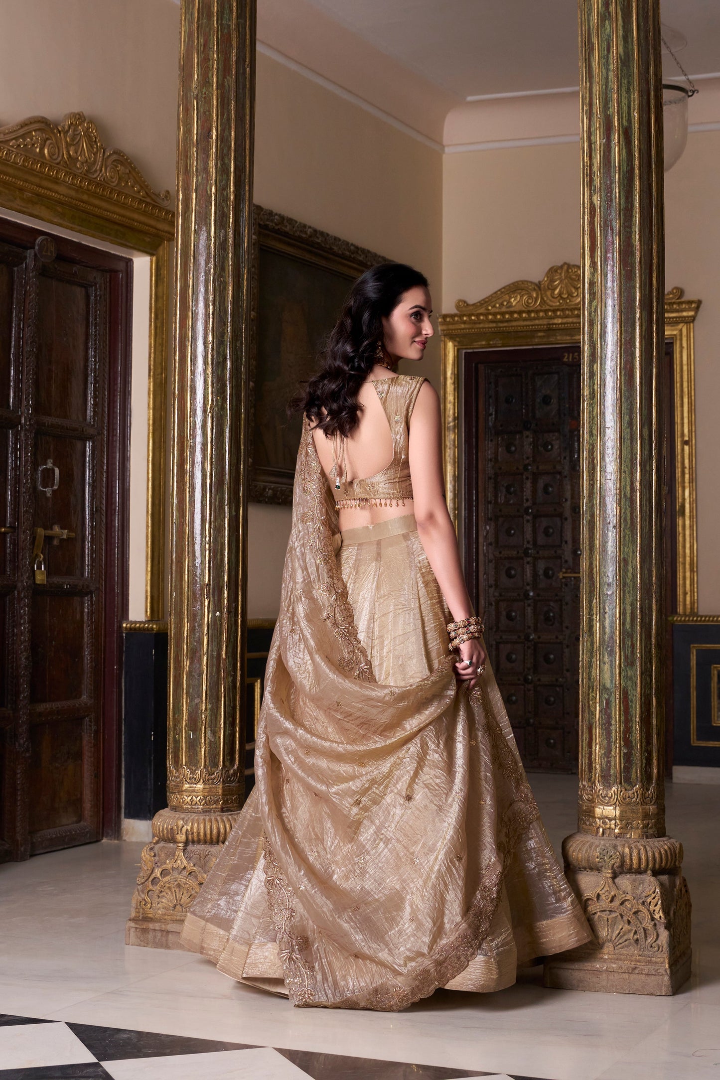 Lorenvalley Chiku Gold Crush Plain Lehenga Choli Embroidery Work with Dupatta | Swadesiicart