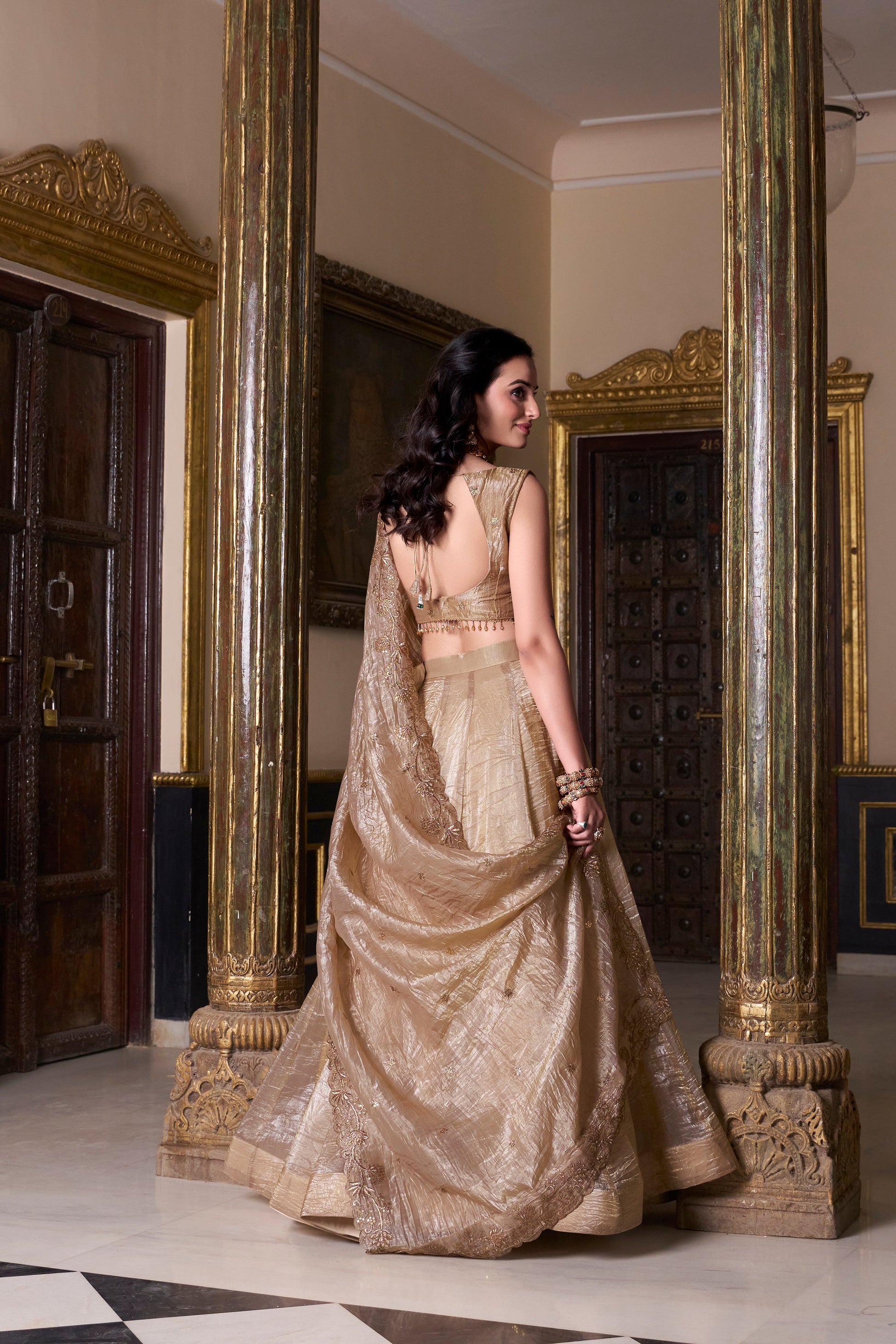 Lorenvalley Chiku Gold Crush Plain Lehenga Choli Embroidery Work with Dupatta | Swadesiicart