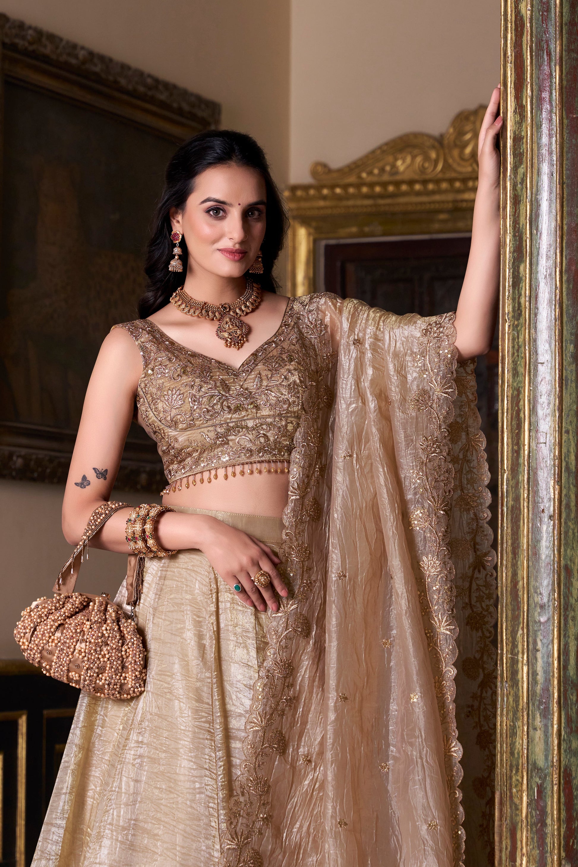 Lorenvalley Chiku Gold Crush Plain Lehenga Choli Embroidery Work with Dupatta | Swadesiicart