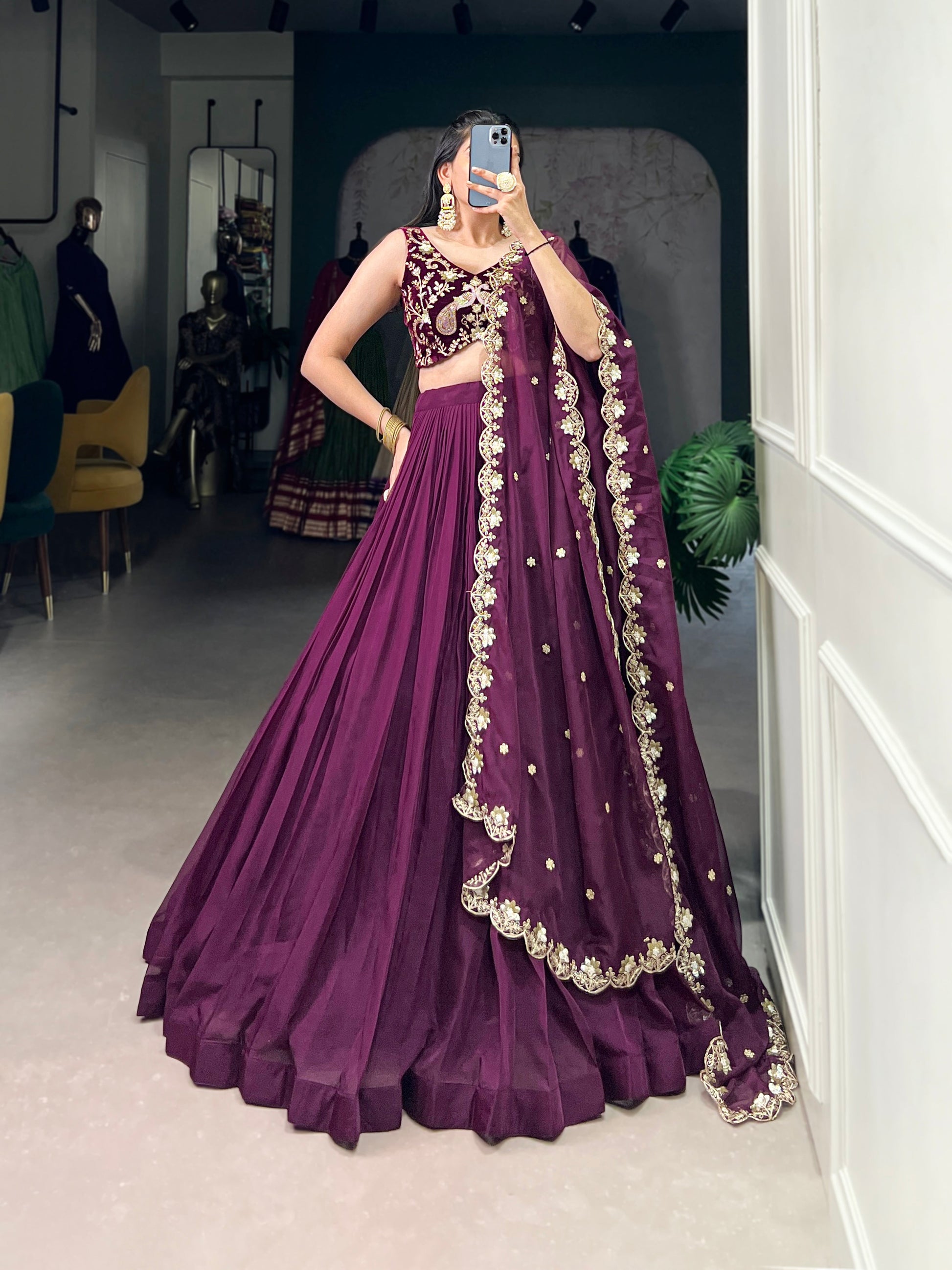 Lorenvalley Wine Organza Plain Lehenga Choli Embroidery Work with Dupatta | Swadesiicart