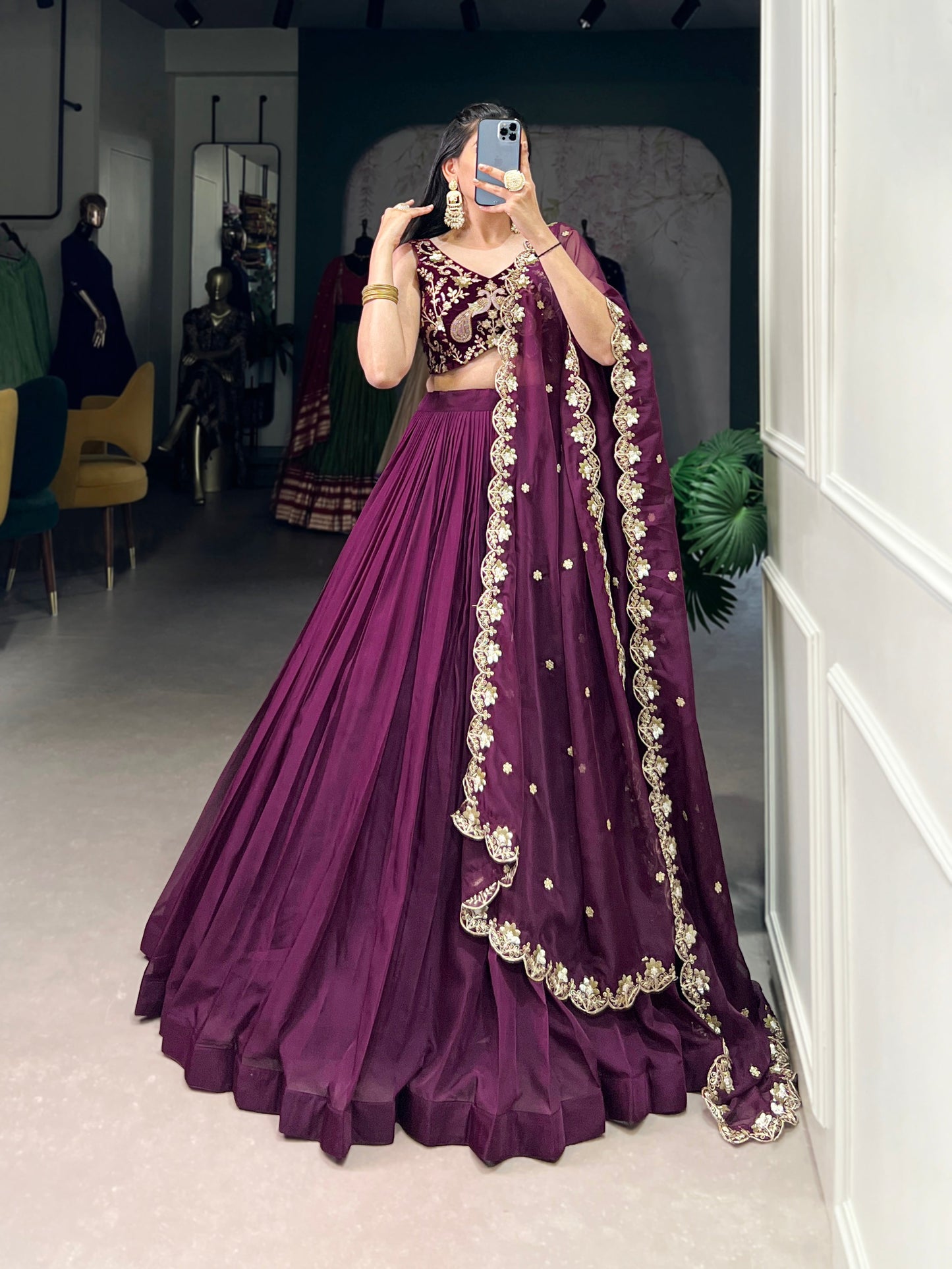 Lorenvalley Wine Organza Plain Lehenga Choli Embroidery Work with Dupatta | Swadesiicart