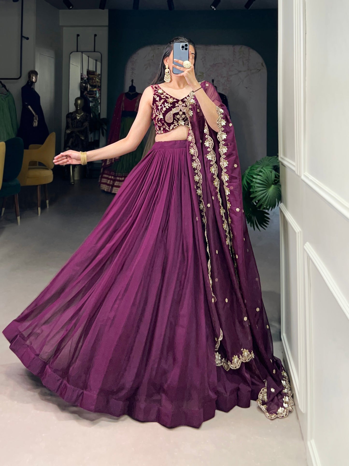 Lorenvalley Wine Organza Plain Lehenga Choli Embroidery Work with Dupatta | Swadesiicart