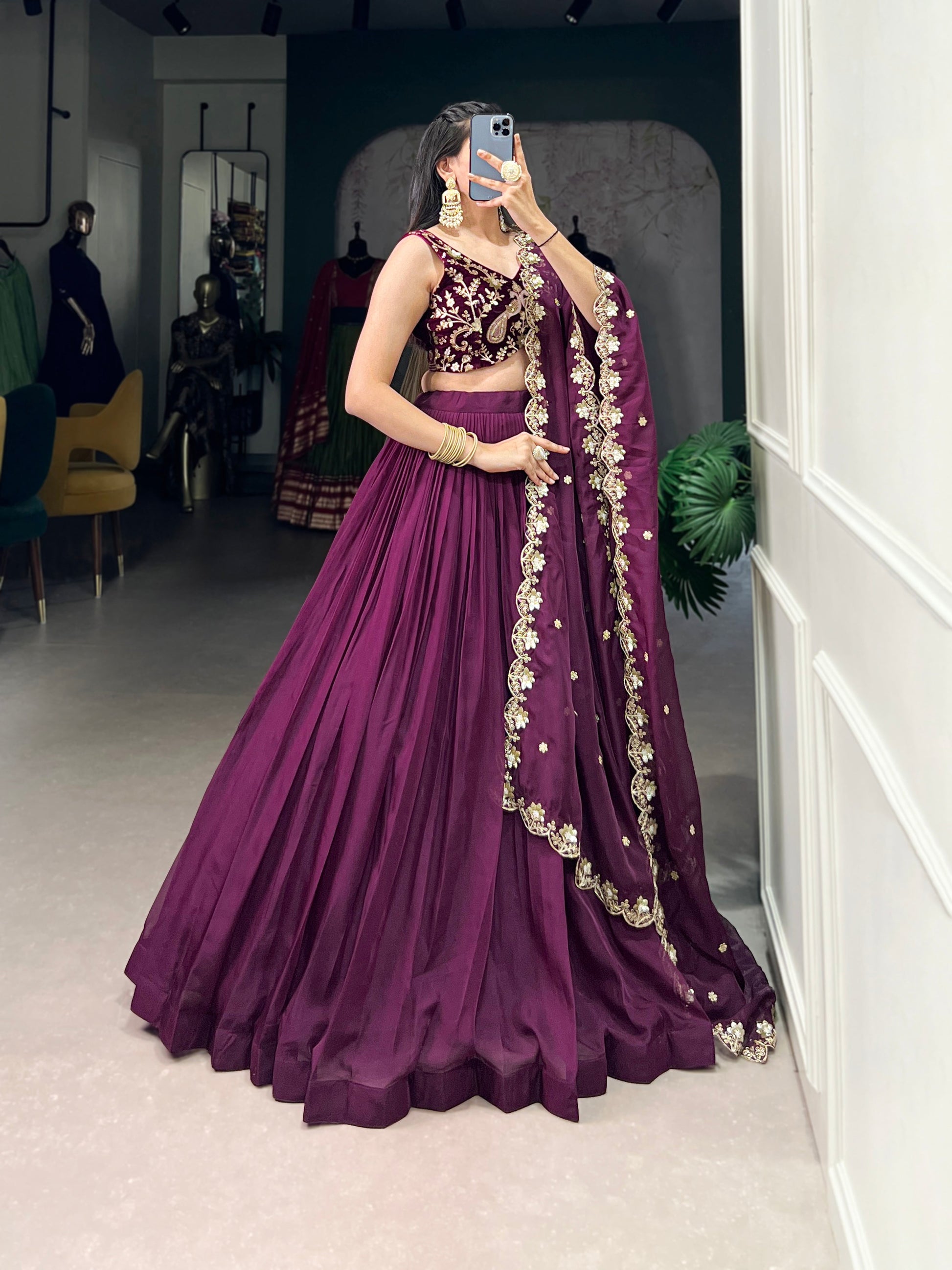 Lorenvalley Wine Organza Plain Lehenga Choli Embroidery Work with Dupatta | Swadesiicart