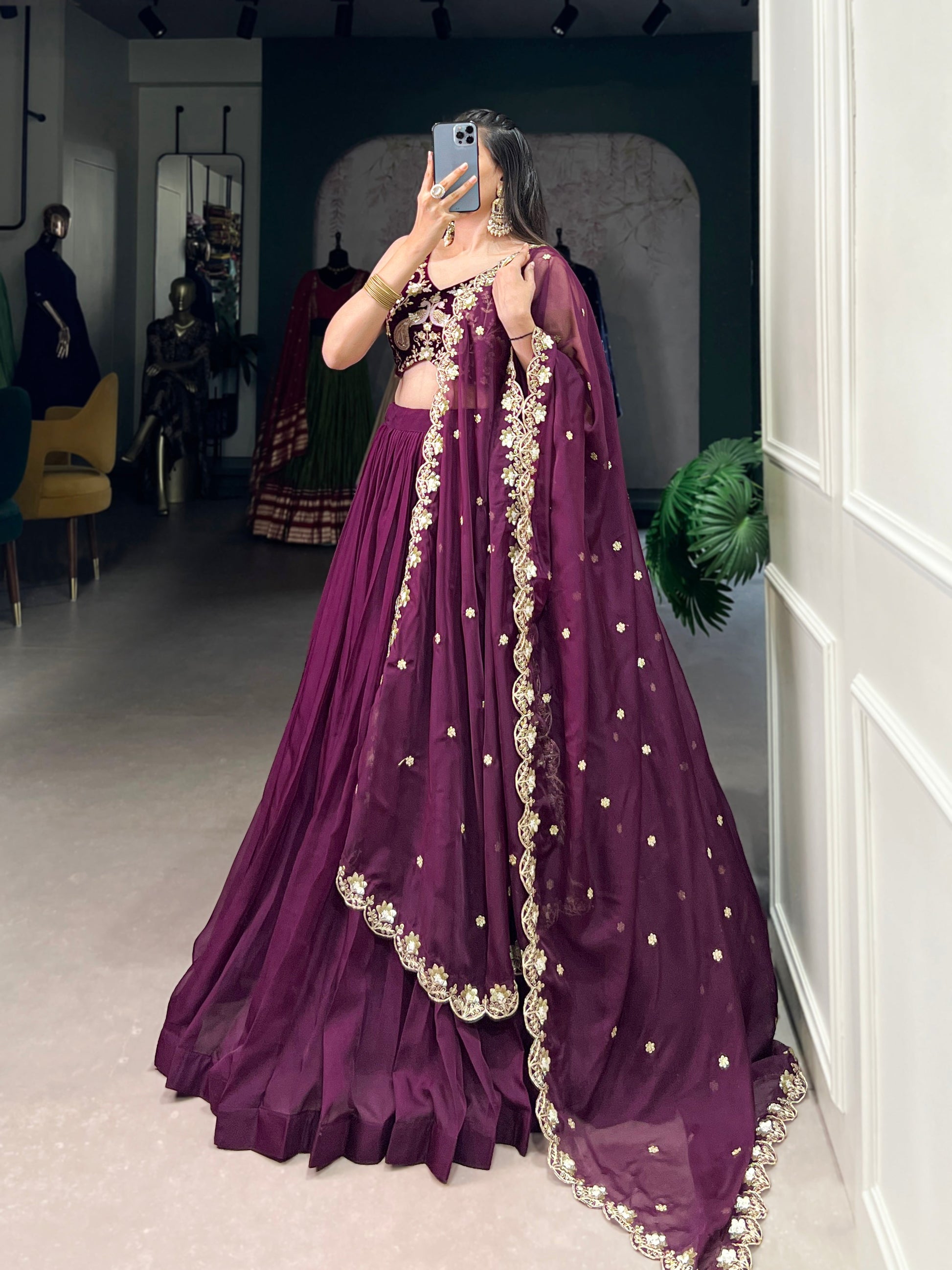 Lorenvalley Wine Organza Plain Lehenga Choli Embroidery Work with Dupatta | Swadesiicart