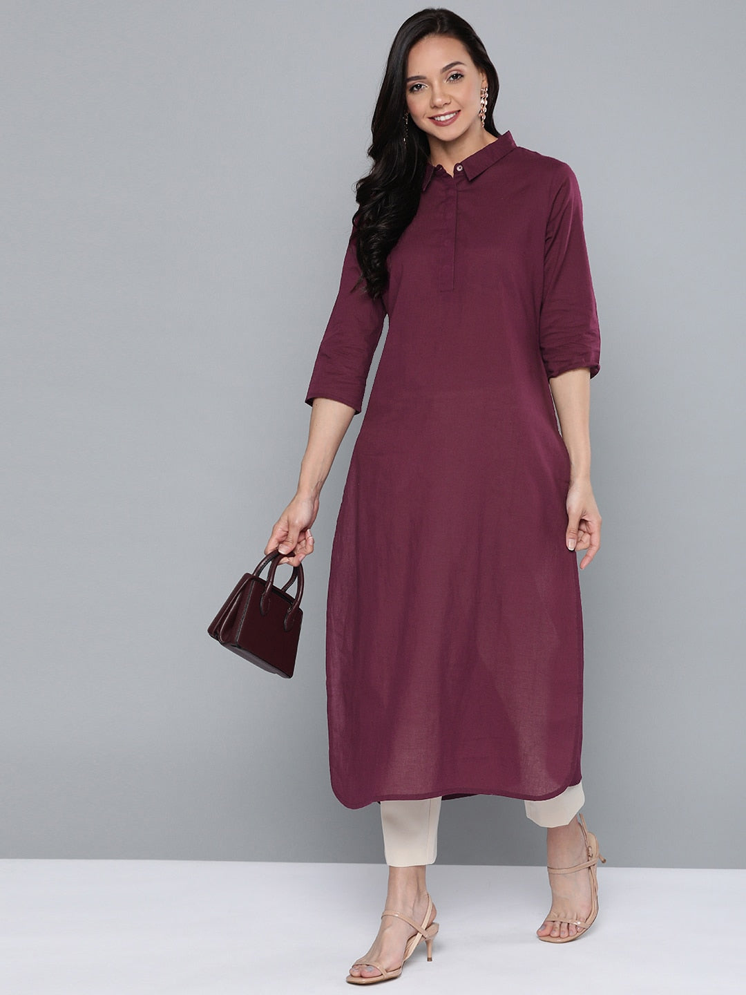 HERE&NOW Women Burgundy Cotton Solid Pathani Kurta - Swadesiicart