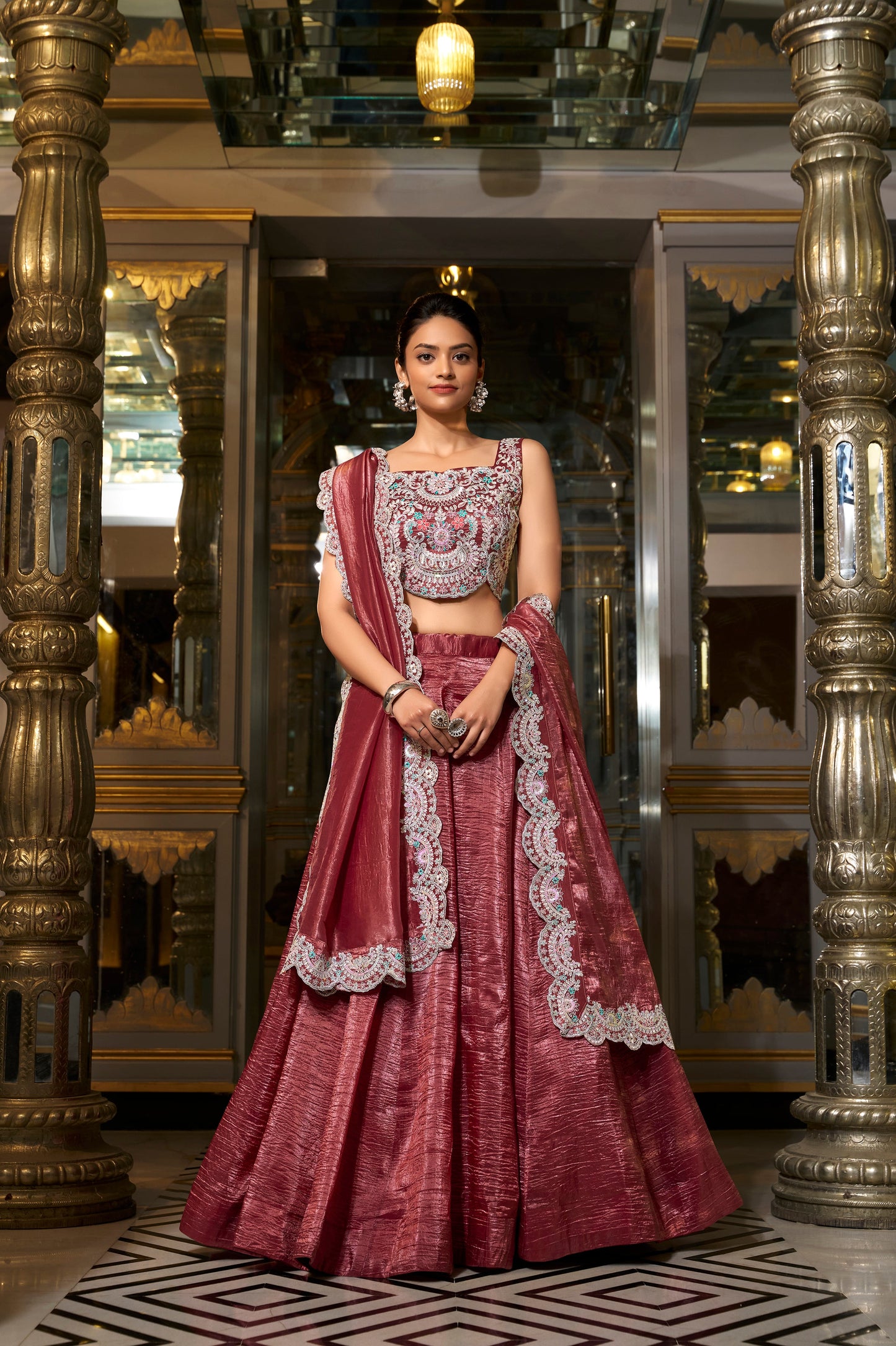 Lorenvalley Rust Gold Crush Fabric Plain Lehenga with Sequins and Thread Embroidery with Jarkan Diamond Work Choli and Dupatta | Swadesiicart