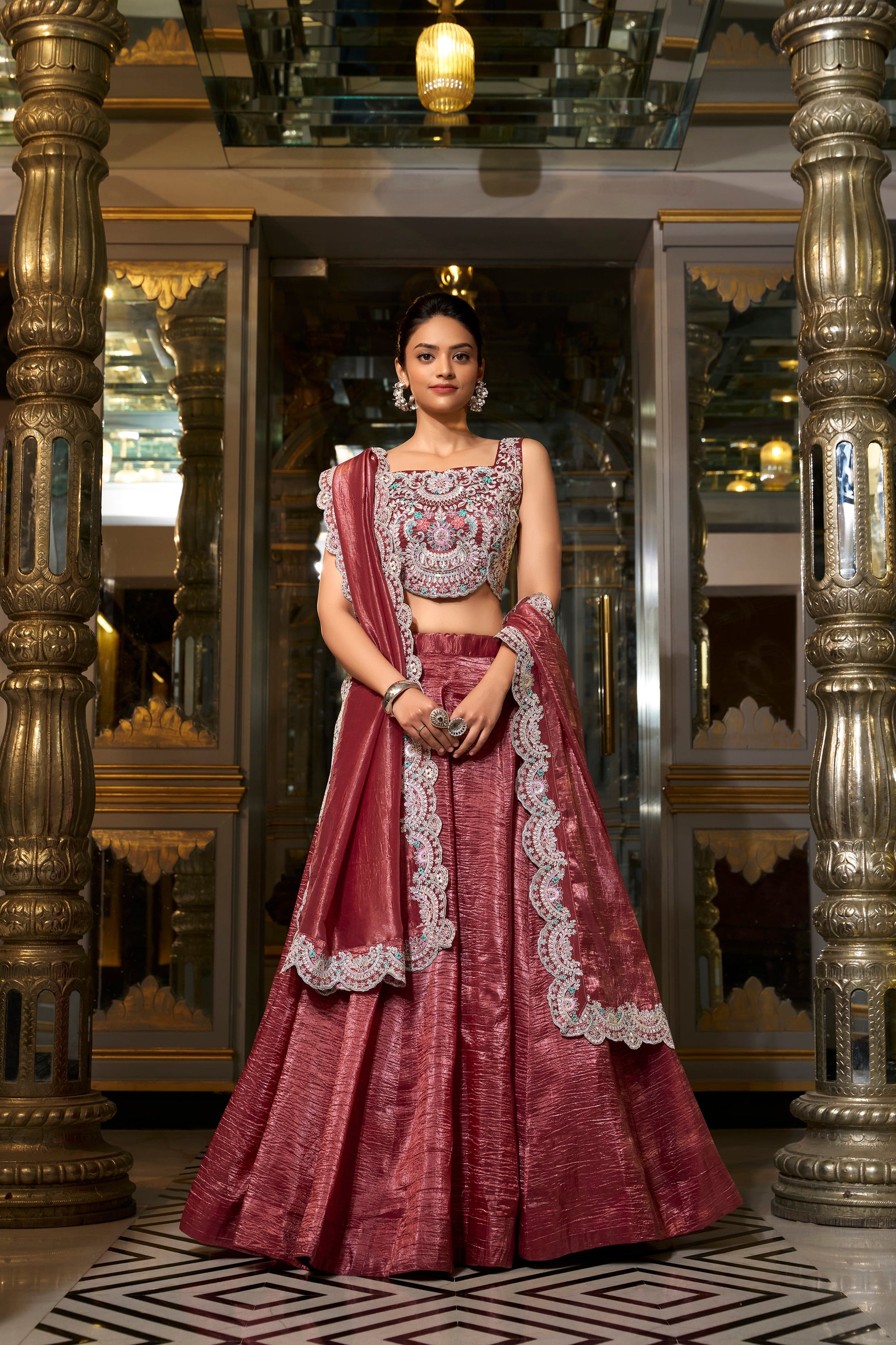 Lorenvalley Rust Gold Crush Fabric Plain Lehenga with Sequins and Thread Embroidery with Jarkan Diamond Work Choli and Dupatta | Swadesiicart
