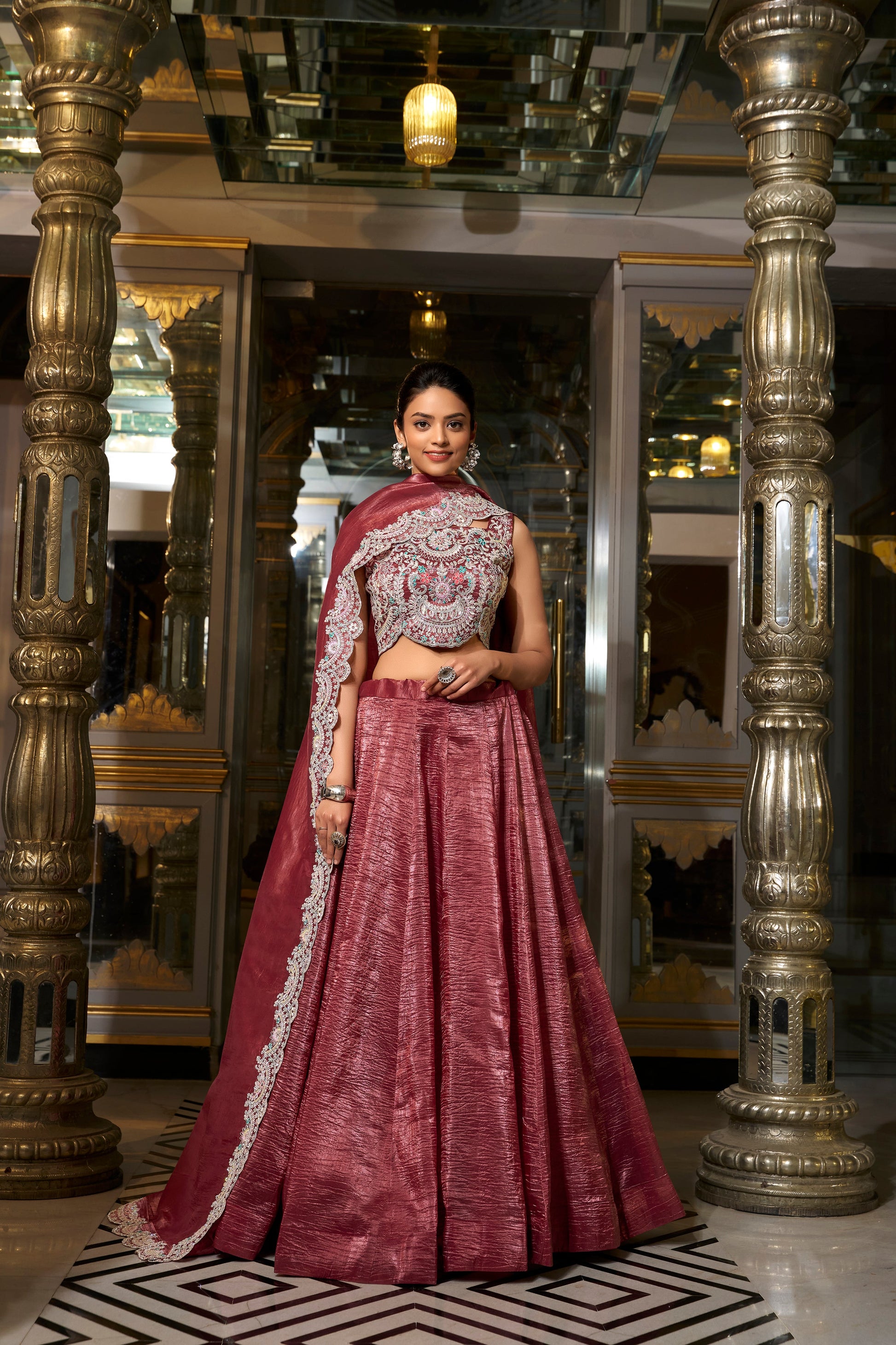 Lorenvalley Rust Gold Crush Fabric Plain Lehenga with Sequins and Thread Embroidery with Jarkan Diamond Work Choli and Dupatta | Swadesiicart