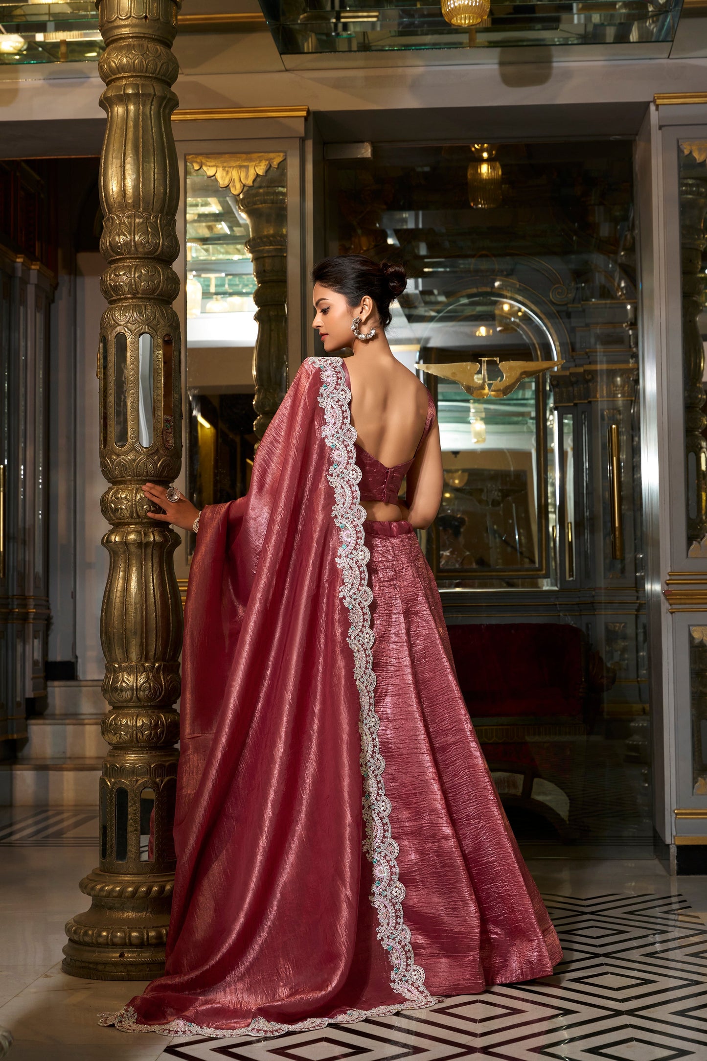 Lorenvalley Rust Gold Crush Fabric Plain Lehenga with Sequins and Thread Embroidery with Jarkan Diamond Work Choli and Dupatta | Swadesiicart