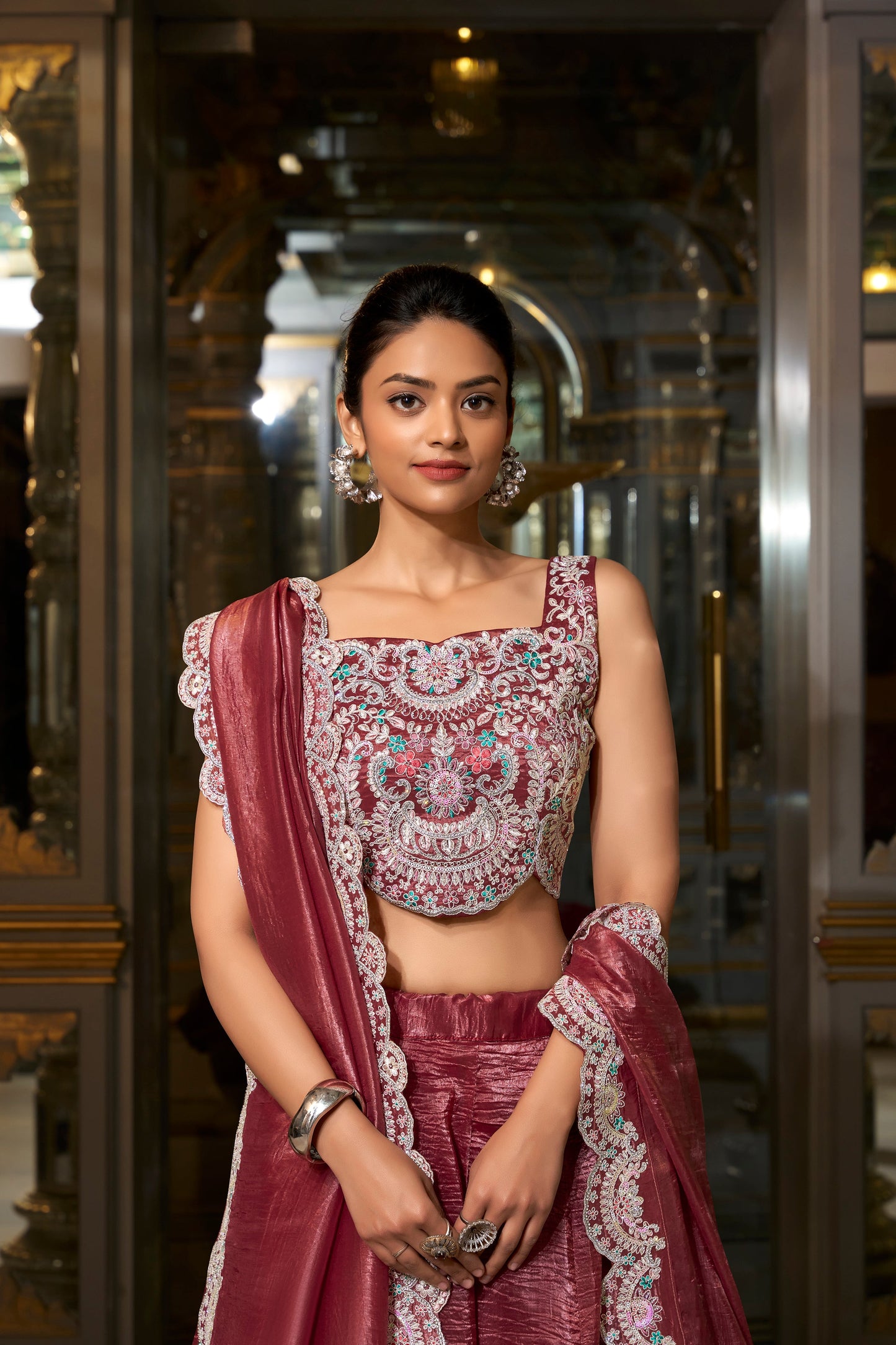 Lorenvalley Rust Gold Crush Fabric Plain Lehenga with Sequins and Thread Embroidery with Jarkan Diamond Work Choli and Dupatta | Swadesiicart